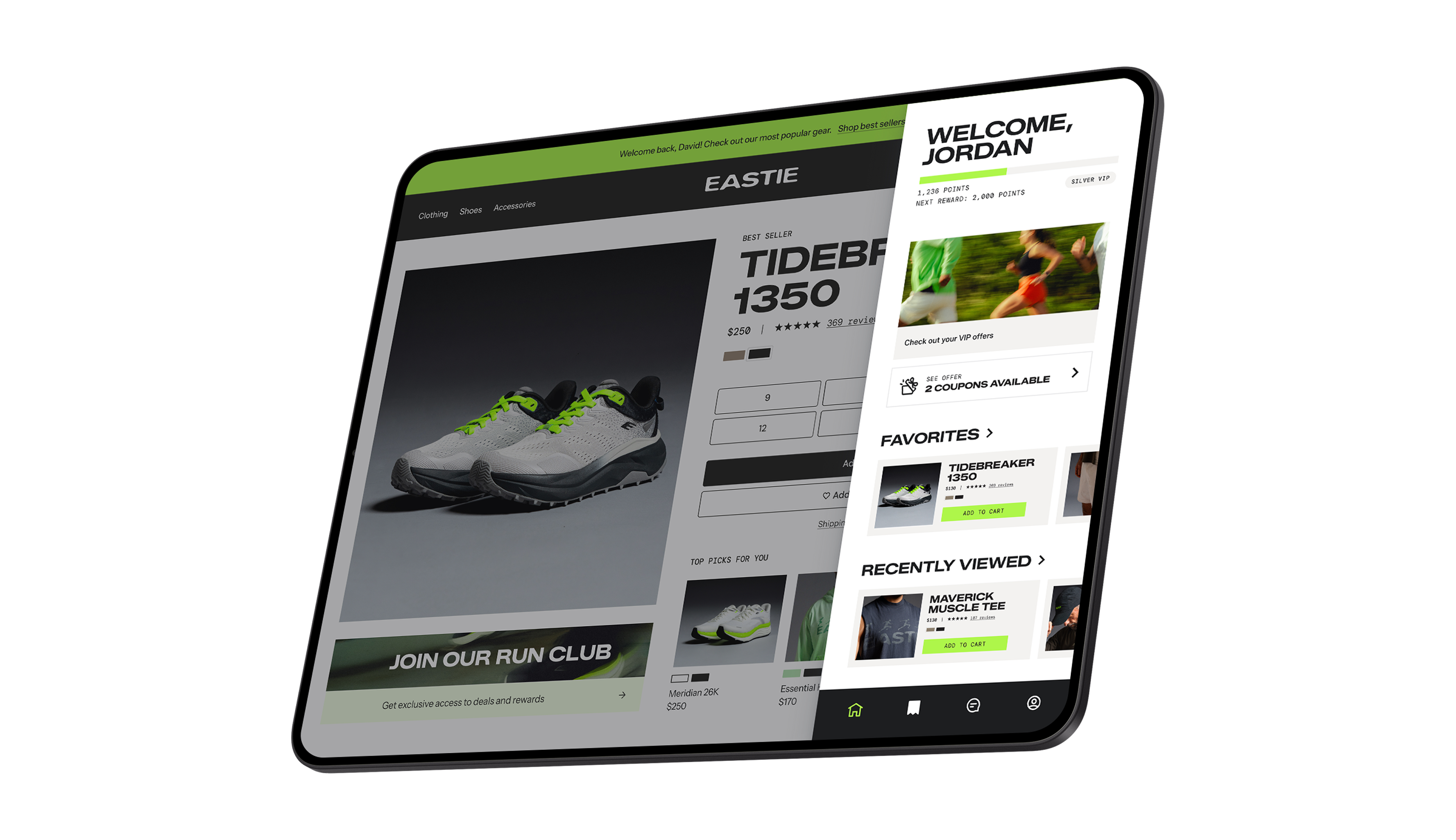 Tablet displaying an athletic shoe product page alongside a personalized shopping and rewards panel.