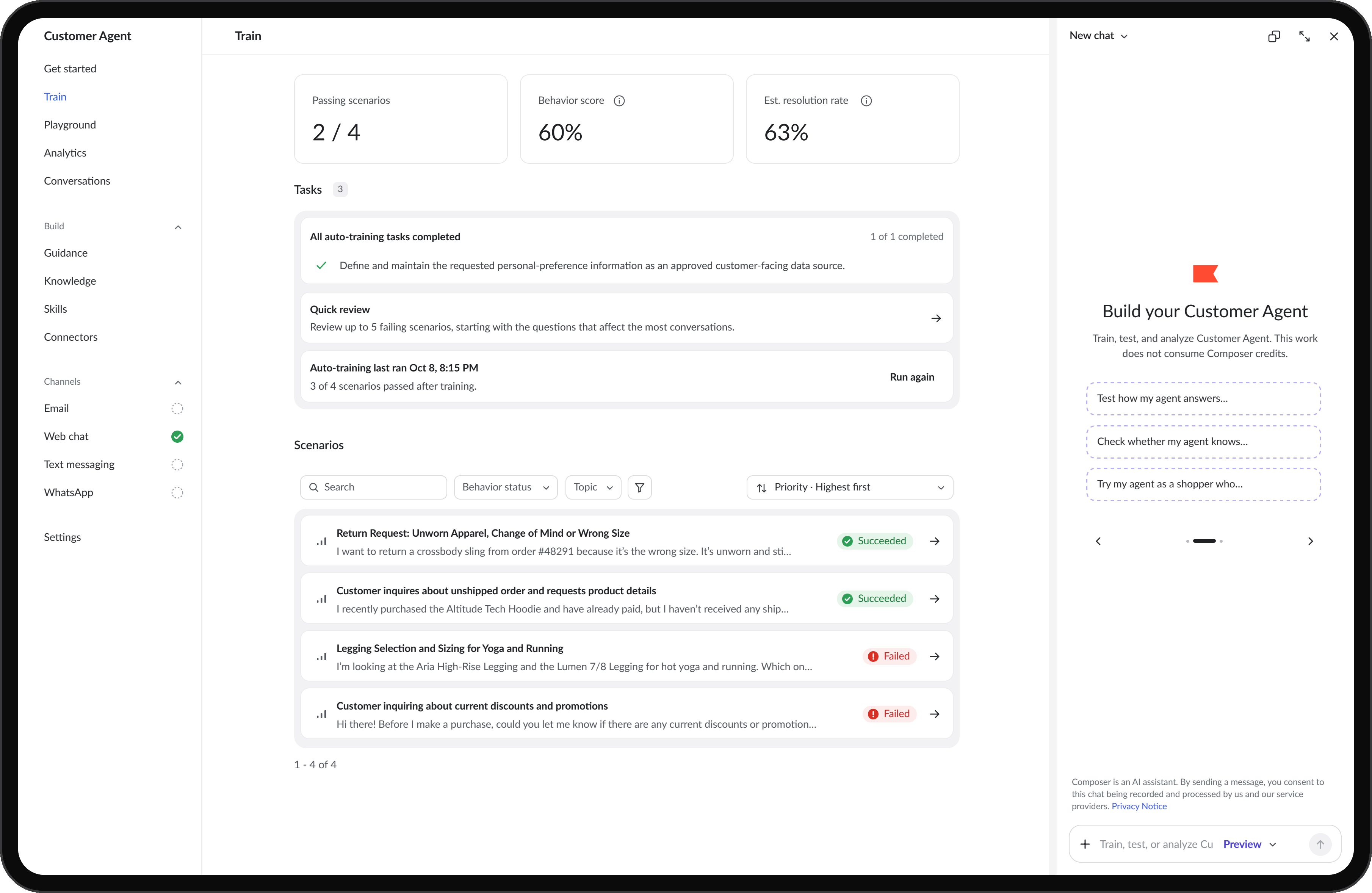 A software dashboard for training a customer service AI, displaying metrics, tasks, scenario outcomes, and a chat window for testing.