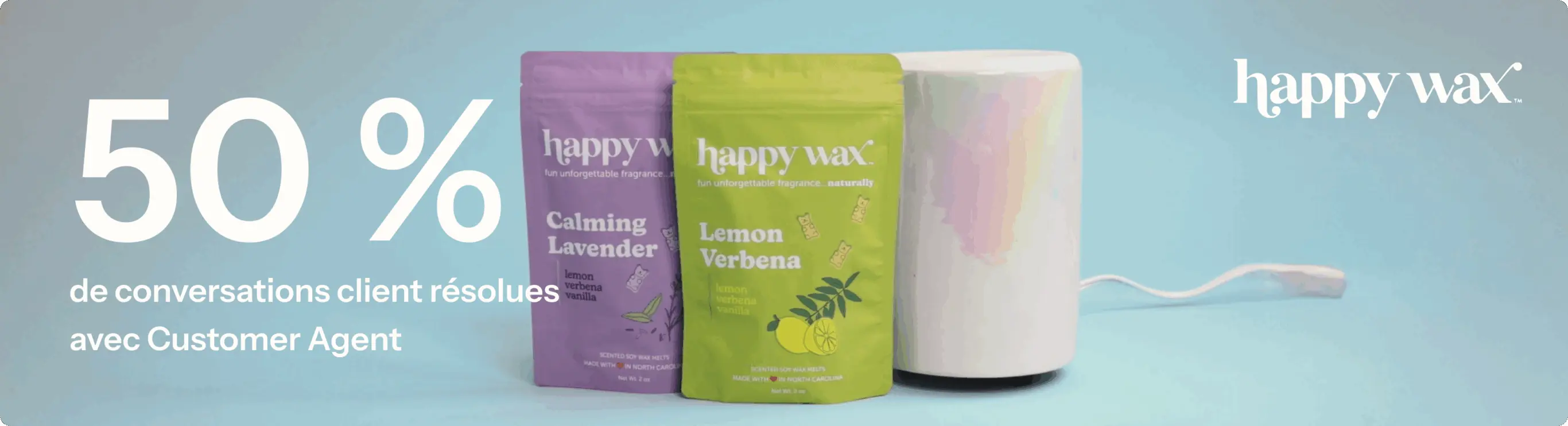50 % de conversations client résolues avec Customer Agent. Deux sachets Happy Wax et un diffuseur sont visibles.