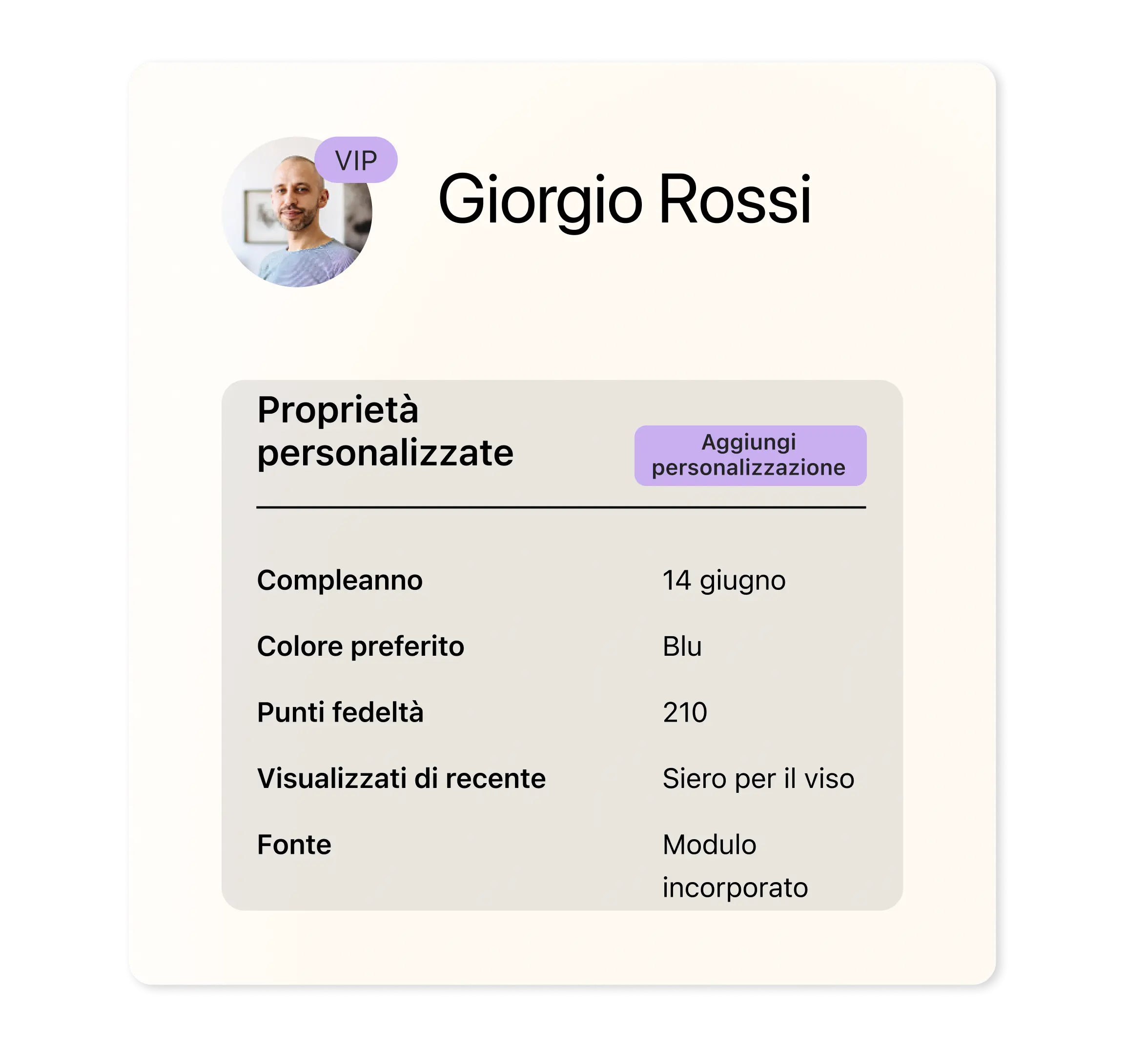 Customer profile showing various custom properties: birthday, favorite color, number of loyalty points, recently viewed product, and source.