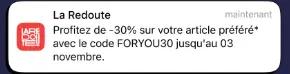 Notification push La Redoute avec offre de -30 % et un code promo à durée limitée