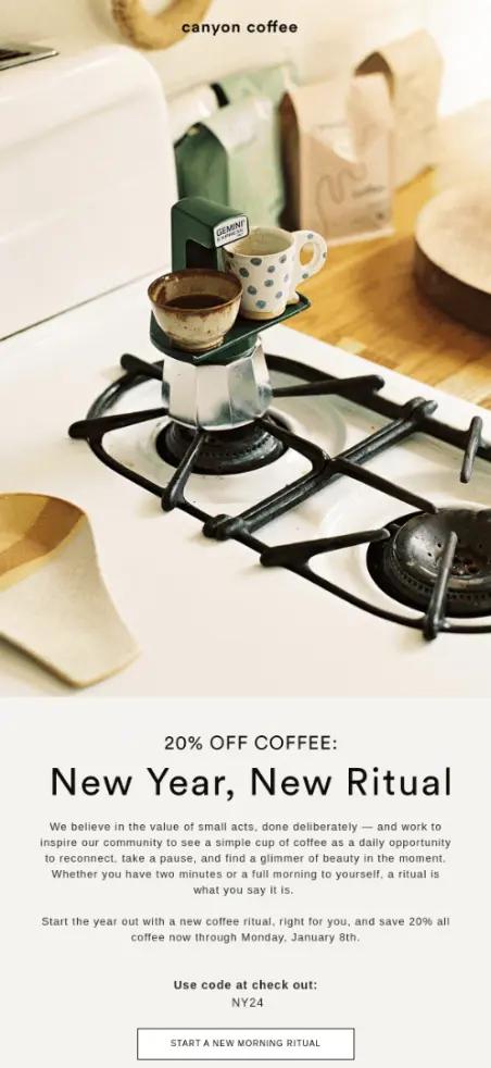 Coffee maker on a stove with two cups. Text below offers 20% off coffee with the code NY24, promoting a new coffee ritual.