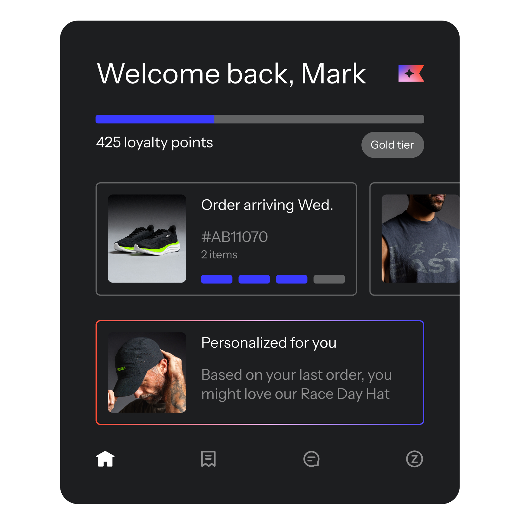 Mobile app dashboard showing a logged-in customer view with loyalty points, order status, and a personalized product recommendation based on past purchases.