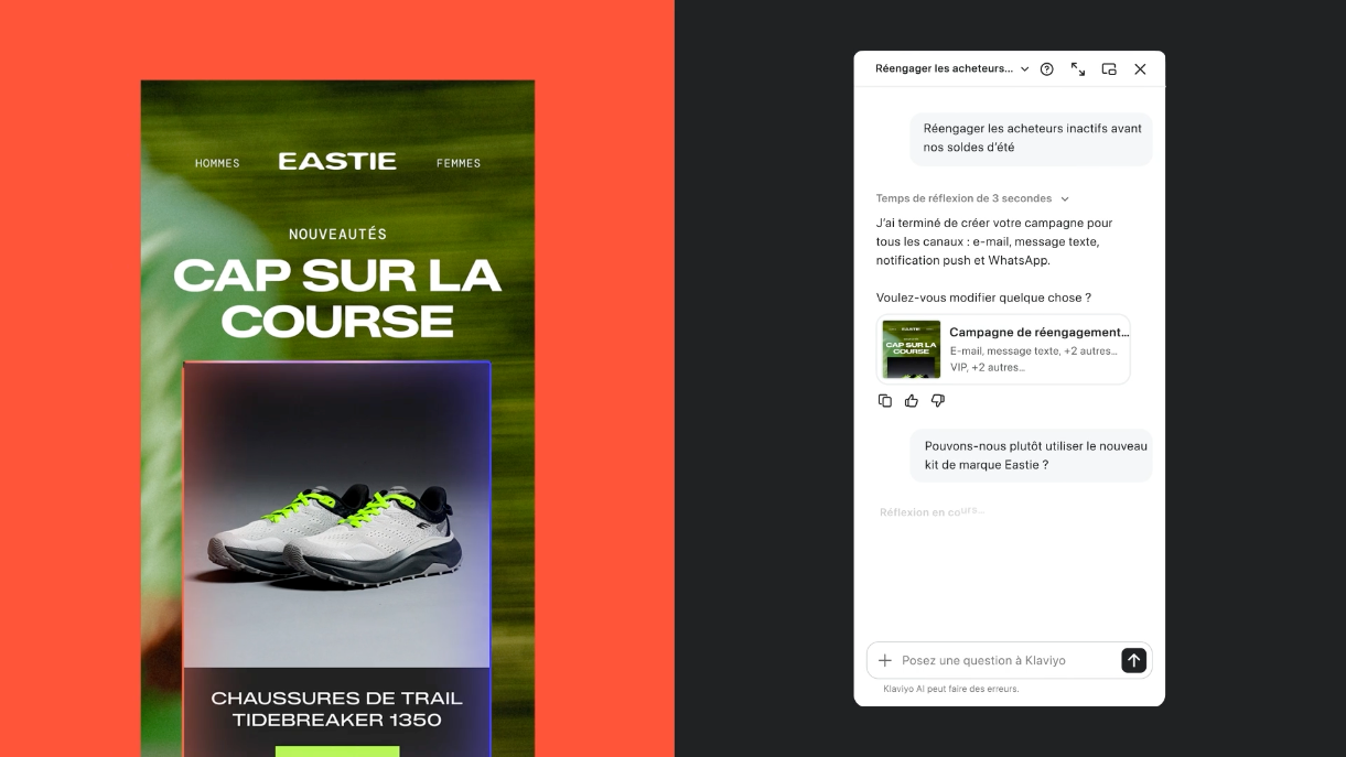 An e-commerce ad for Eastie trail shoes next to an AI chat discussing a re-engagement campaign for the same brand.