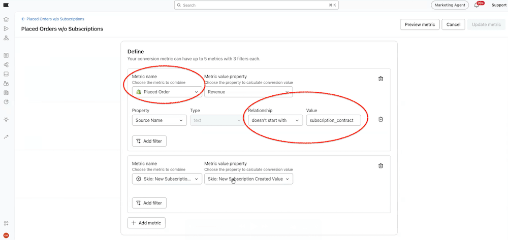 Image shows a dashboard in Klaviyo that indicates how to customize your placed order metric