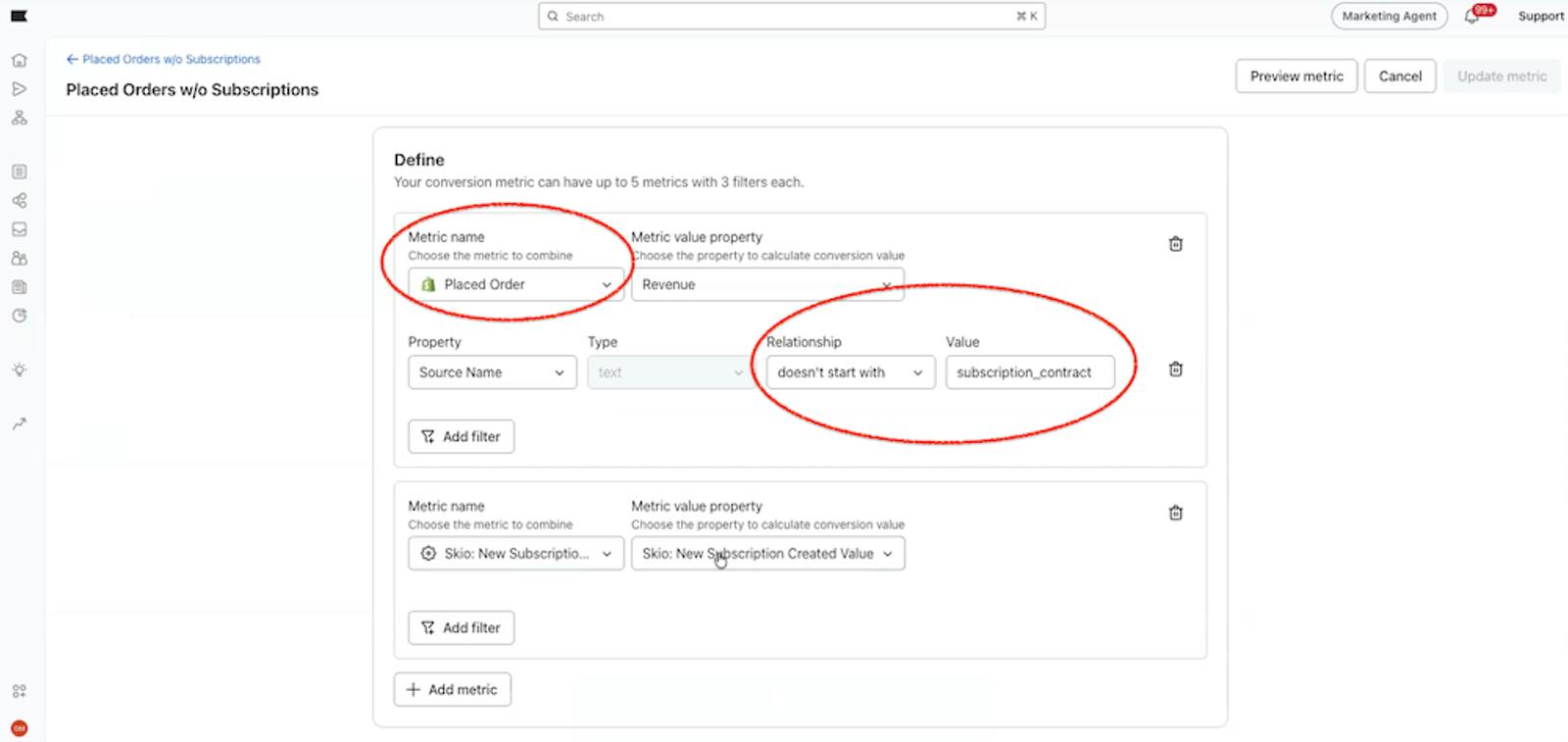 Image shows a dashboard in Klaviyo that indicates how to customize your placed order metric
