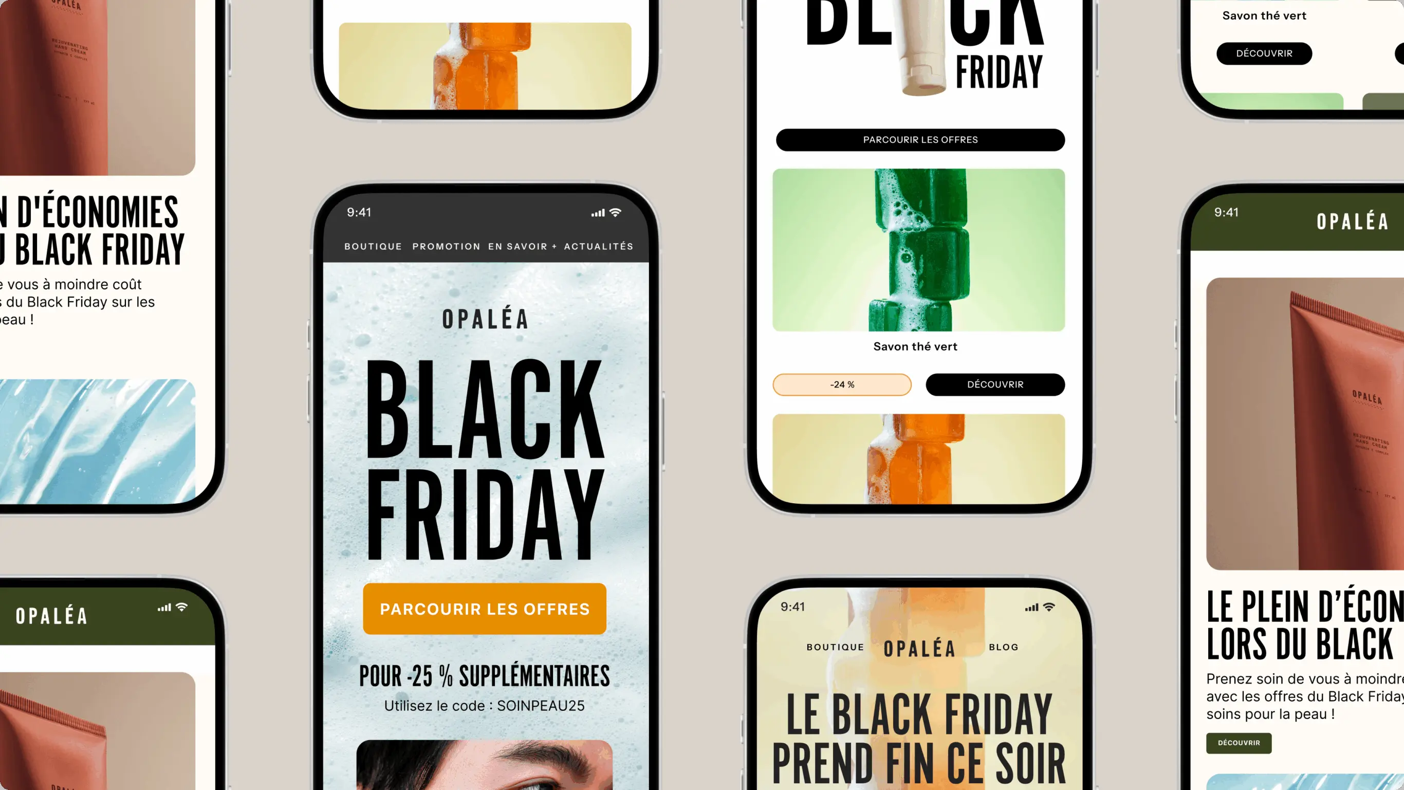 Visuels promotionnels Opaléa pour le Black Friday affichés sur des écrans de smartphone, avec offres et produits de soins.