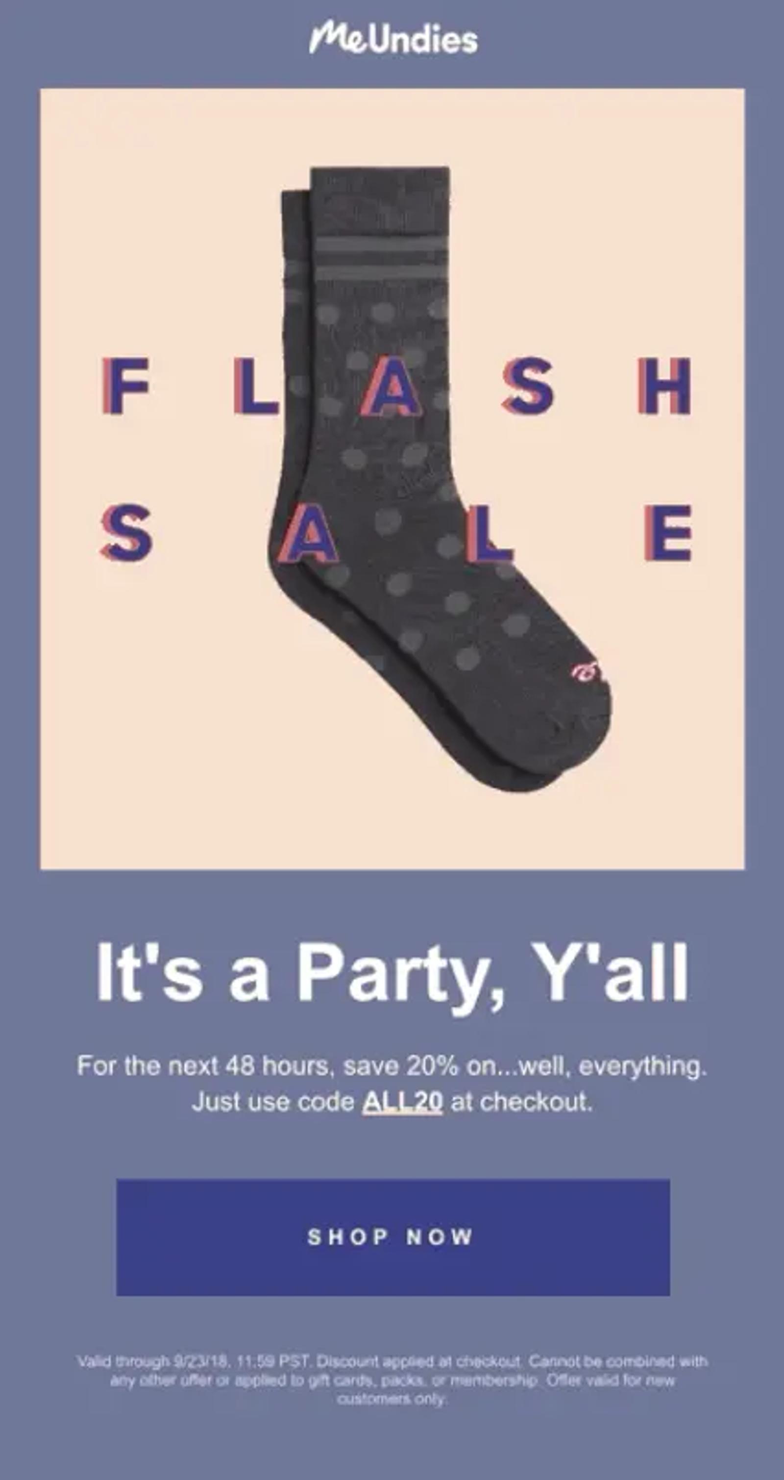 Image shows an email from MeUndies promoting a flash sale with the headline, "It's a Party, Y'all."