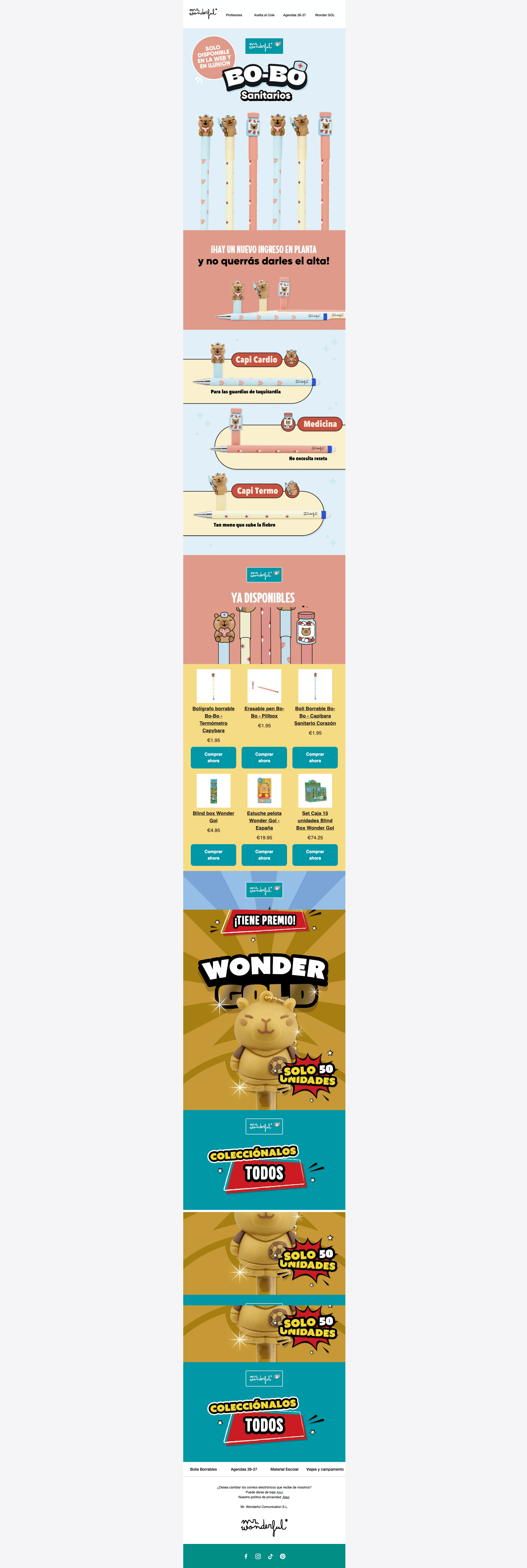 Captura de una newsletter de la marca española de regalos y papelería Mr. Wonderful promocionando bolígrafos borrables Bo-Bo Sanitarios y la colección Wonder Gol.