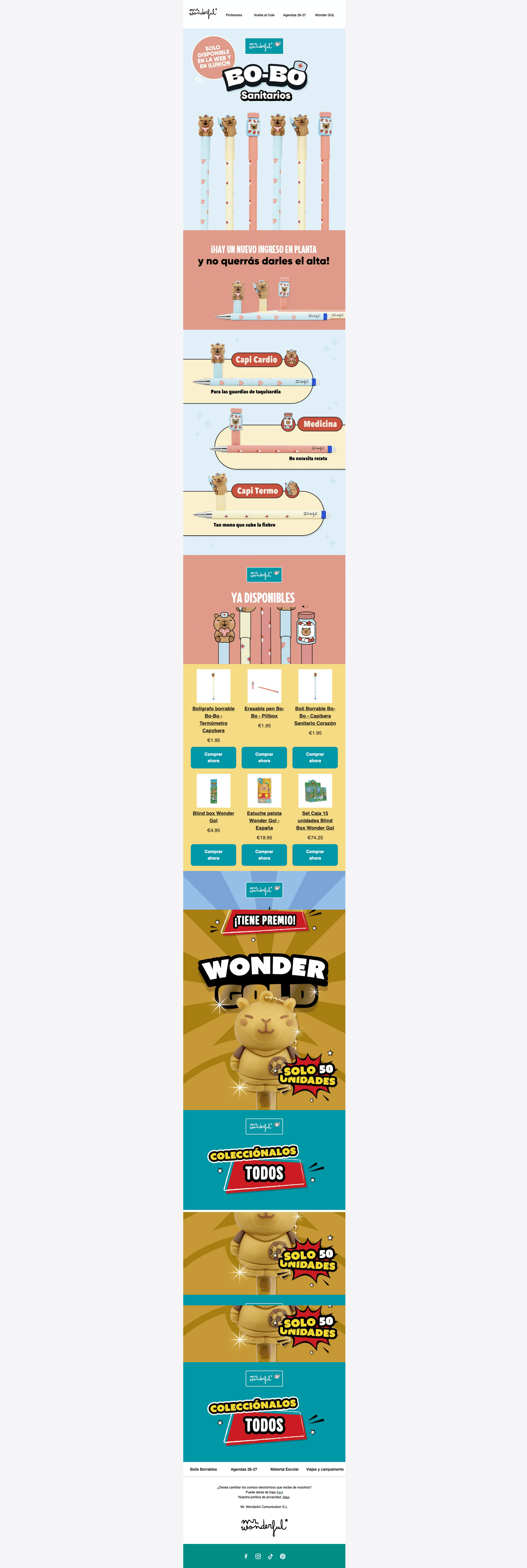 Captura de una newsletter de la marca española de regalos y papelería Mr. Wonderful promocionando bolígrafos borrables Bo-Bo Sanitarios y la colección Wonder Gol.
