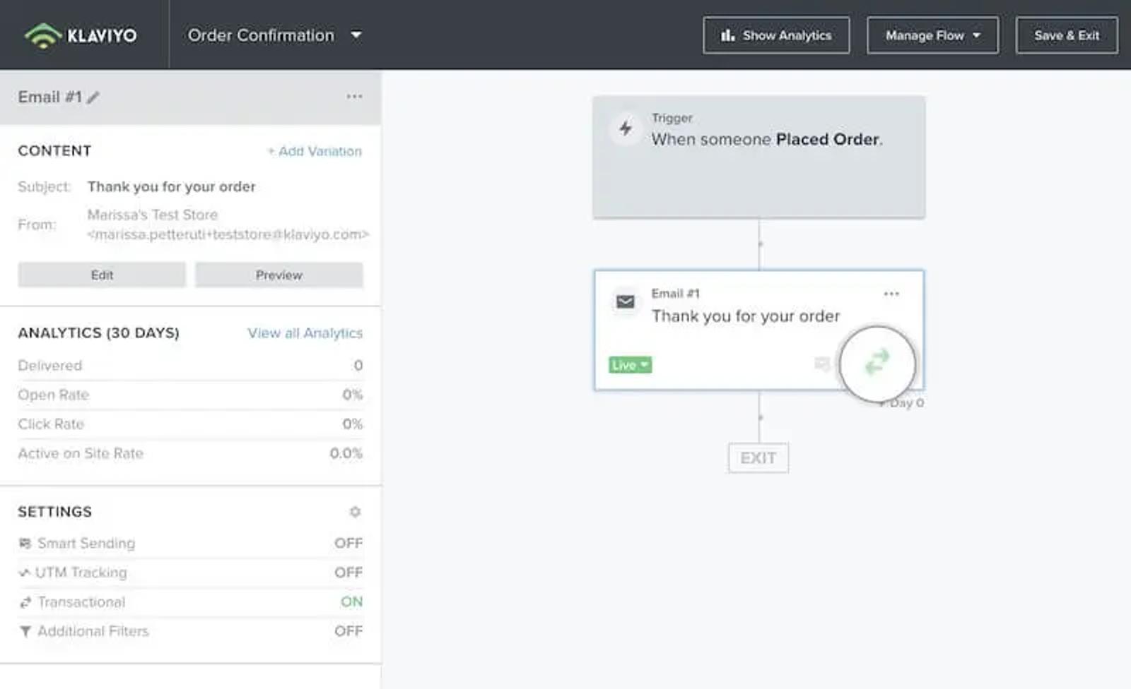 Image shows the Klaviyo dashboard for setting up an order confirmation email triggered by a customer’s order.