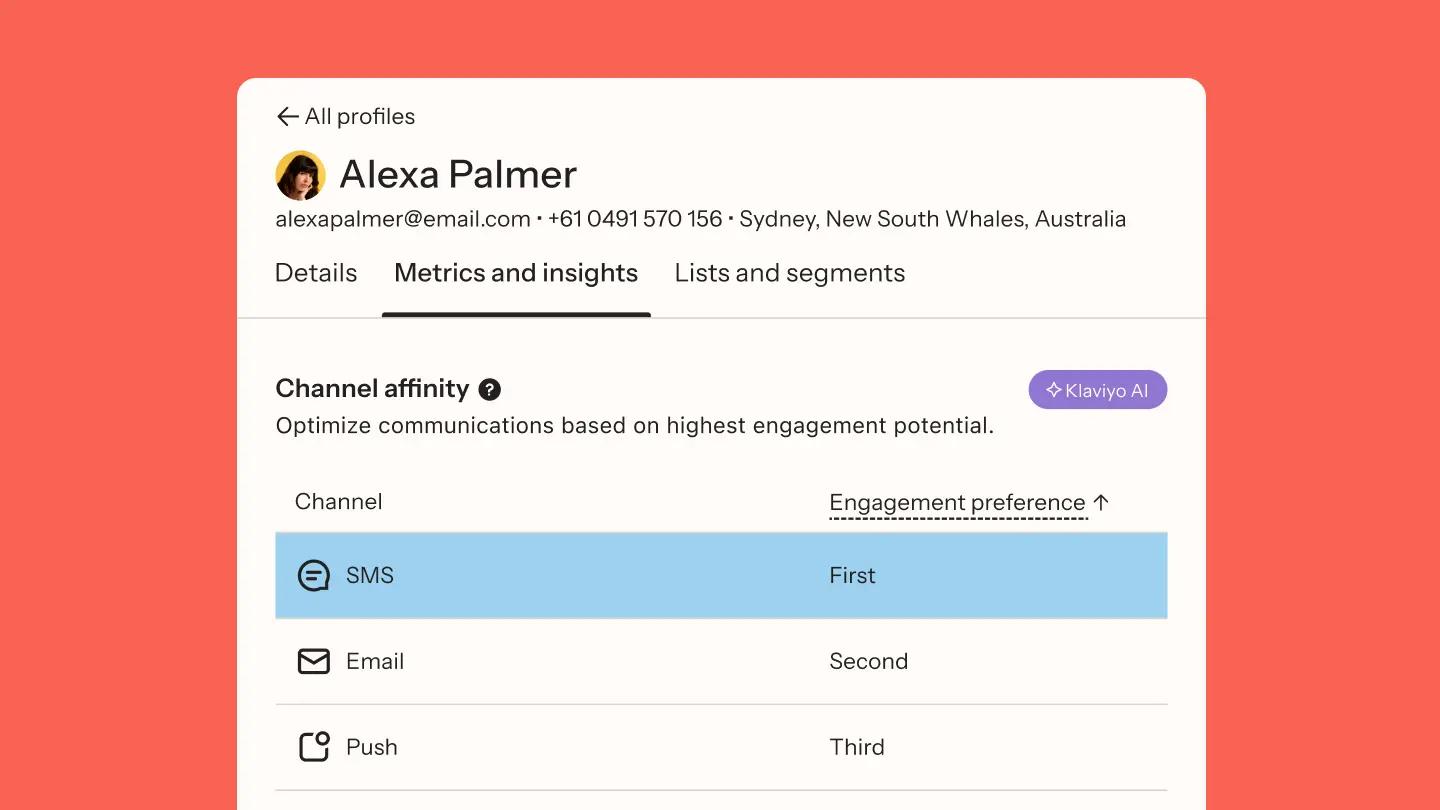 Profile page for Alexa Palmer showing channel affinity preferences: SMS first, Email second, Push third.