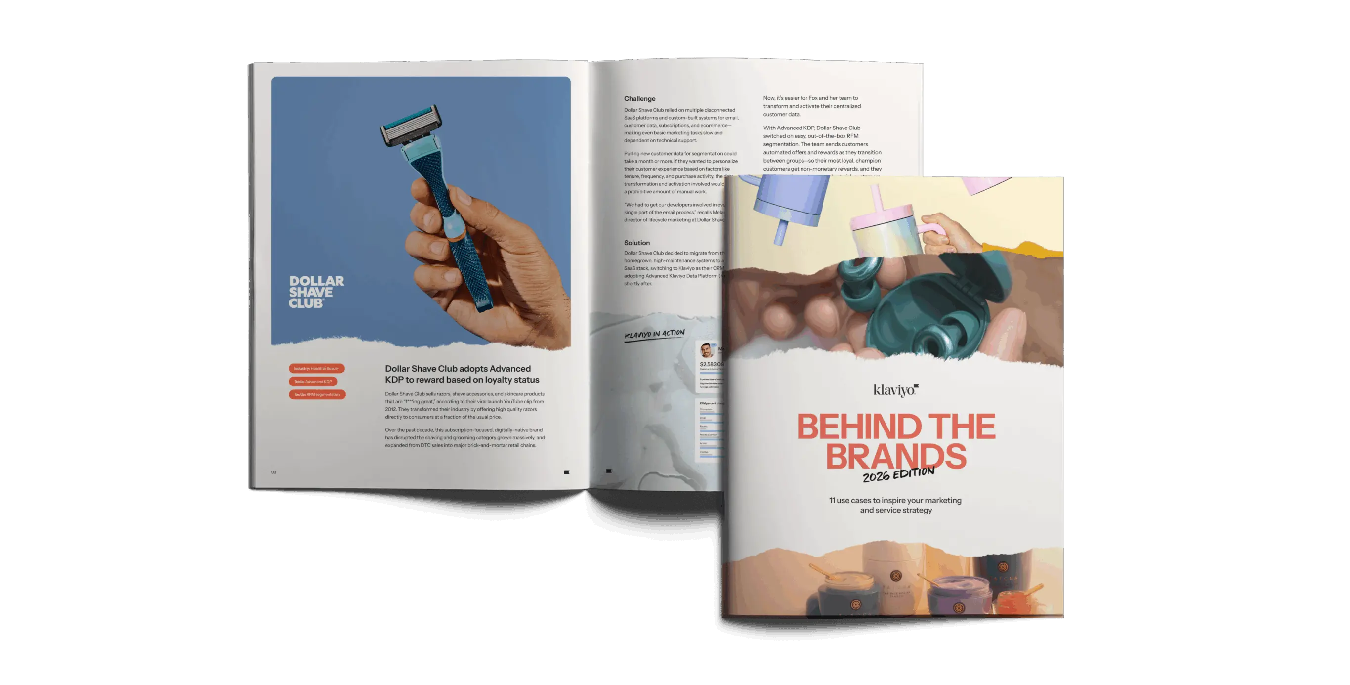Open book displaying a Dollar Shave Club article and a cover titled "Behind the Brands 2026 EMEA Edition" by Klaviyo.