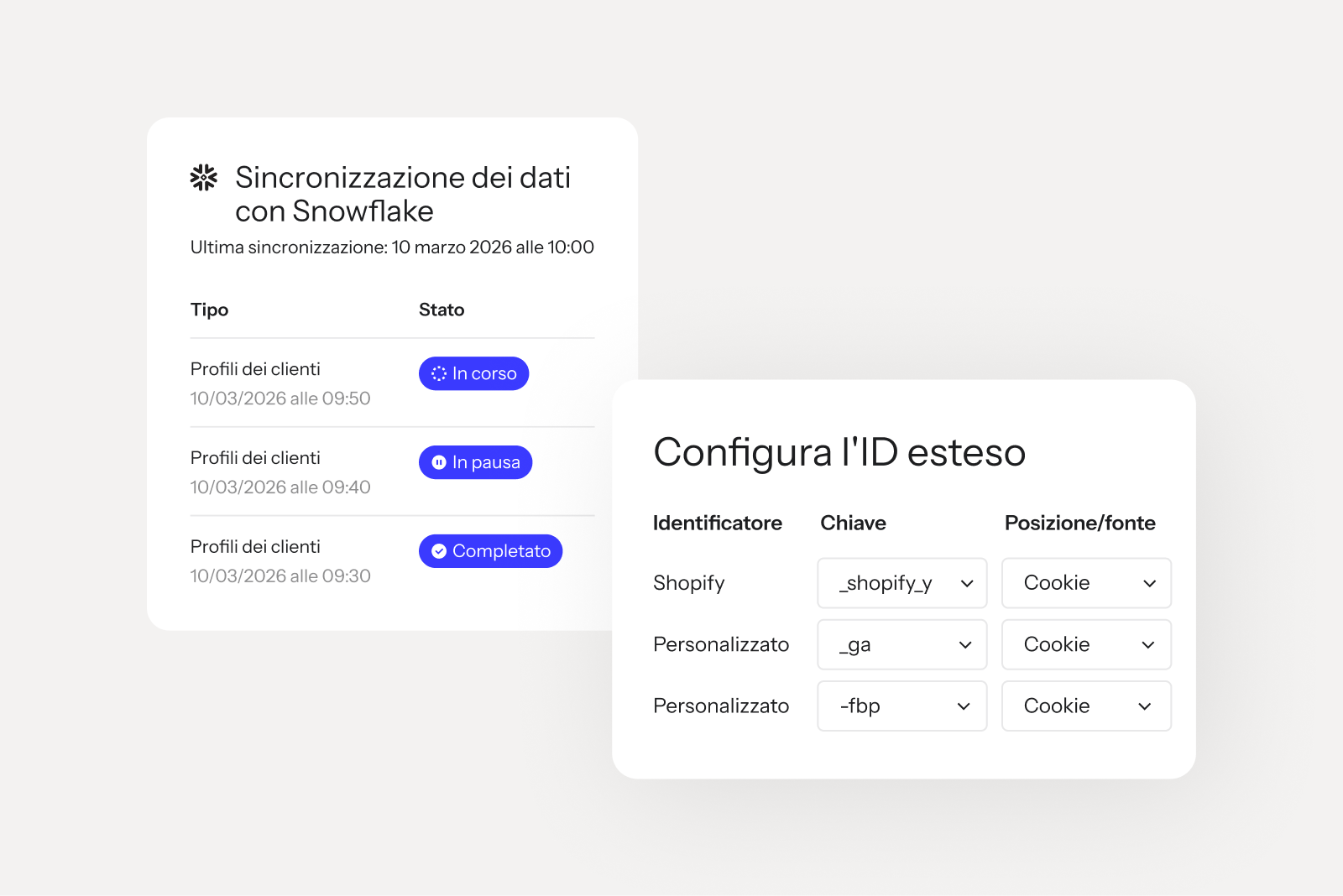 Schede dell'interfaccia che mostrano gli stati di sincronizzazione dei dati Snowflake e i campi di configurazione di Extended ID.