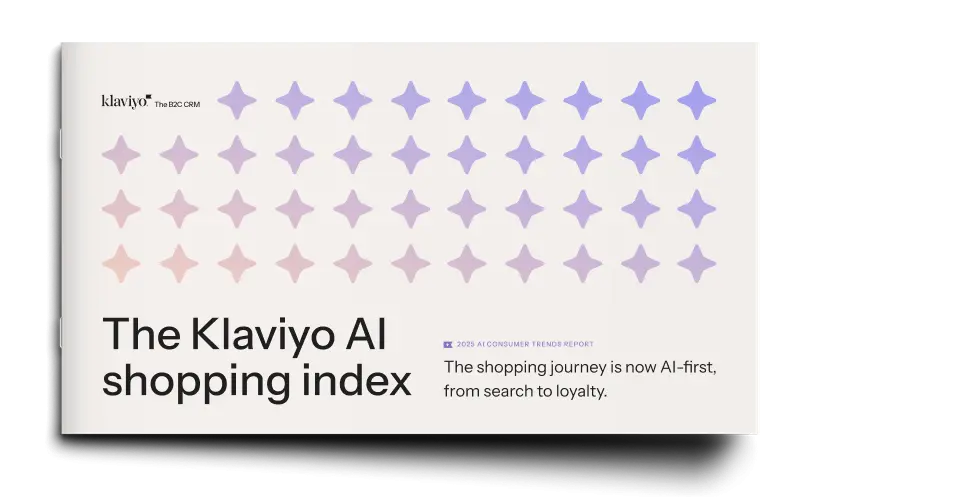 The Klaviyo AI shopping index cover with star patterns and text about AI-first shopping journeys.