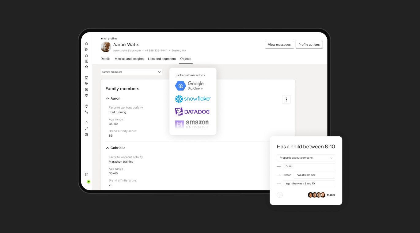 A tablet displays a customer profile with family details, integrations like Google BigQuery and Snowflake, and a segment filter for 'Has a child between 8-10'.