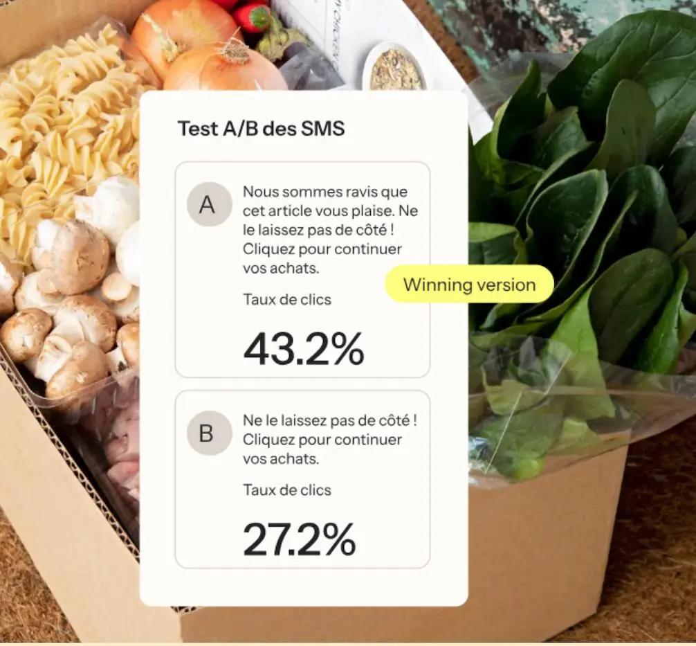 Test A/B des SMS avec deux versions de texte et taux de clics. Version A gagnante à 43,2%. Fond avec boîte de légumes et pâtes.