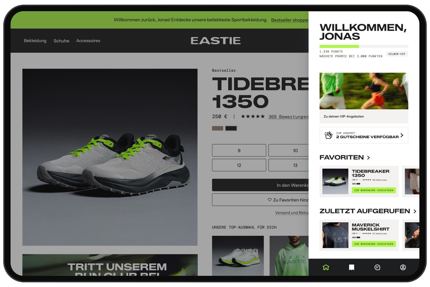 Running shoe product page with a customer rewards panel showing points, coupons, favorites, and recently viewed items.