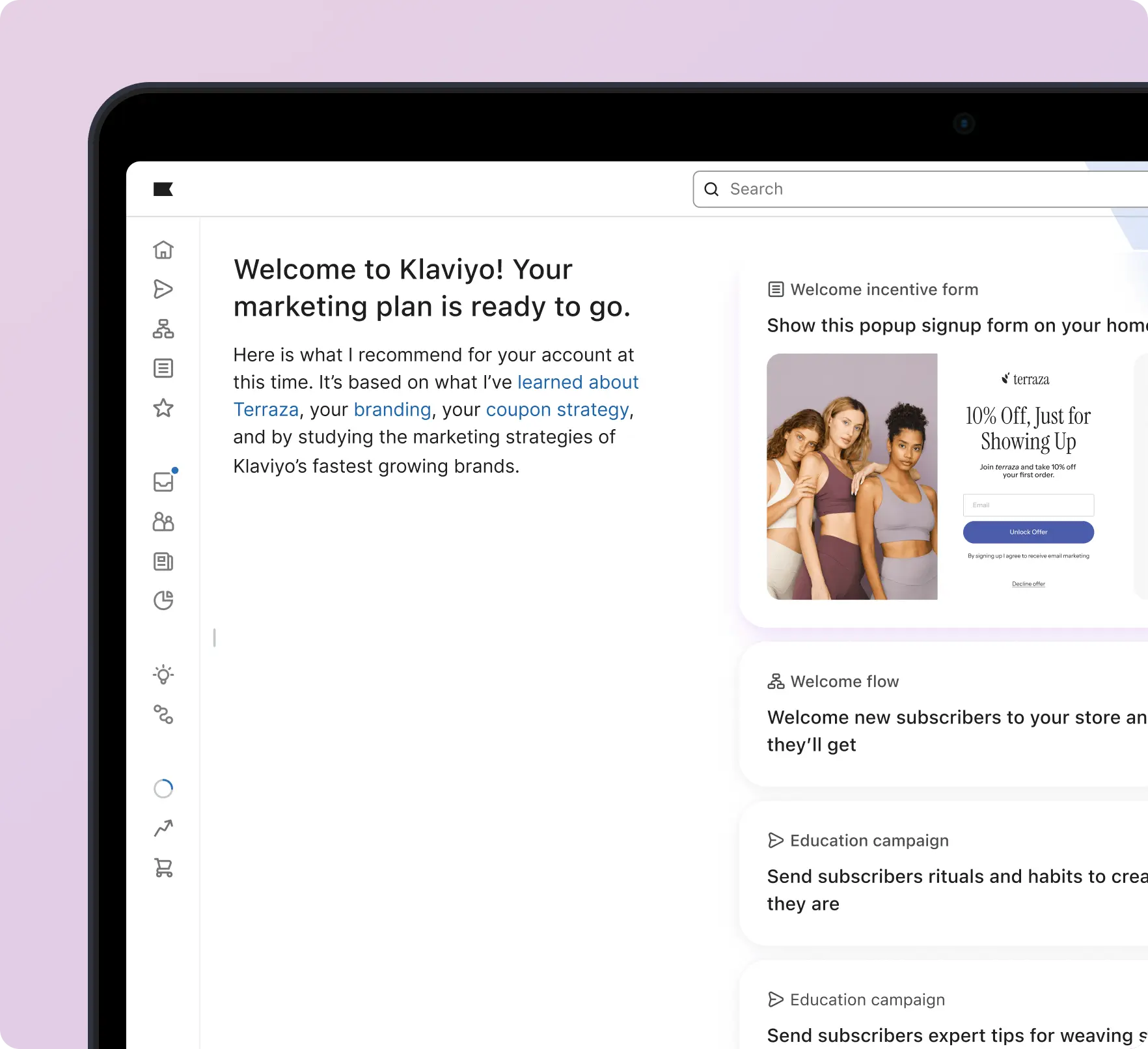 Klaviyo marketing dashboard showing a welcome message and popup signup form with three women, offering 10% off for signing up.