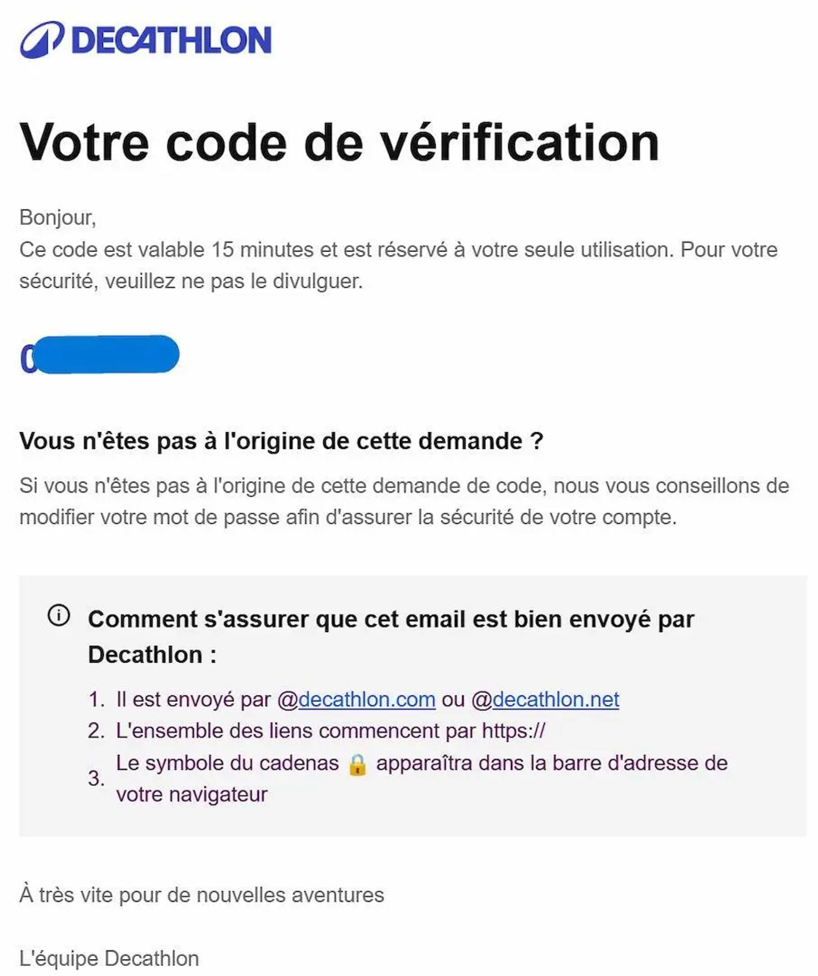 E-mail envoyé par Decathlon contenant un code de vérification à usage unique, avec rappel de la durée de validité, instructions de sécurité, et conseils pour reconnaître un e-mail officiel.
