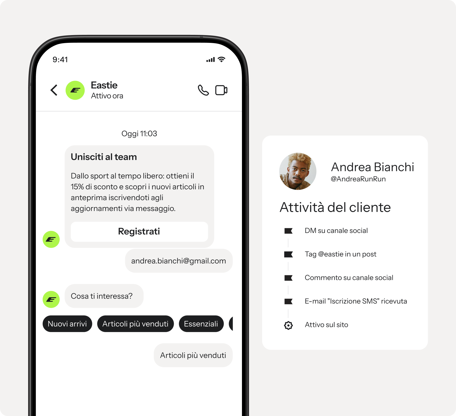 A smartphone displaying a chat with a brand and a customer activity card showing social interactions and website activity.