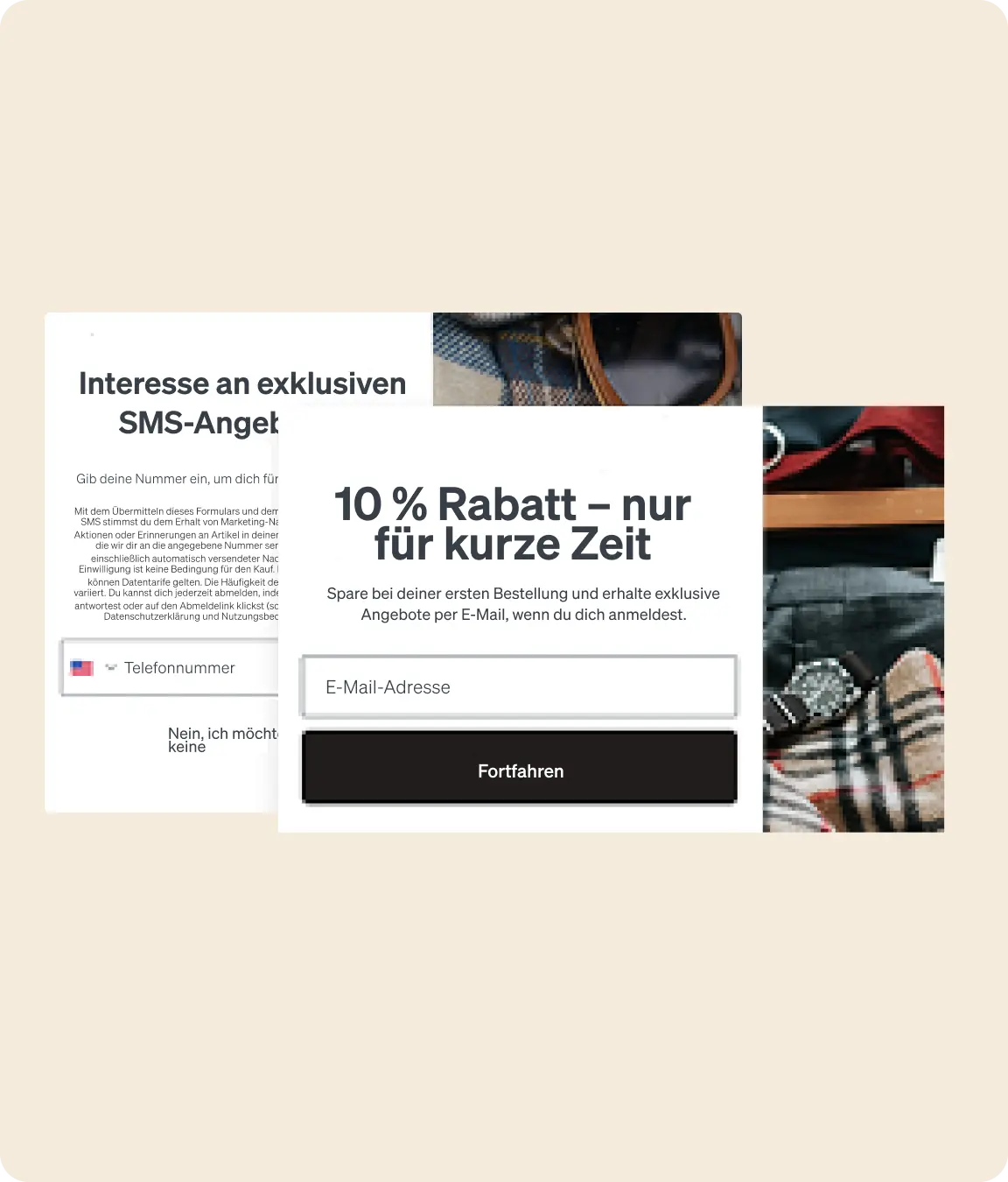 10 % Rabatt-Angebot mit Eingabefeld für E-Mail-Adresse und Button "Fortfahren". Im Hintergrund Text zu exklusiven SMS-Angeboten.