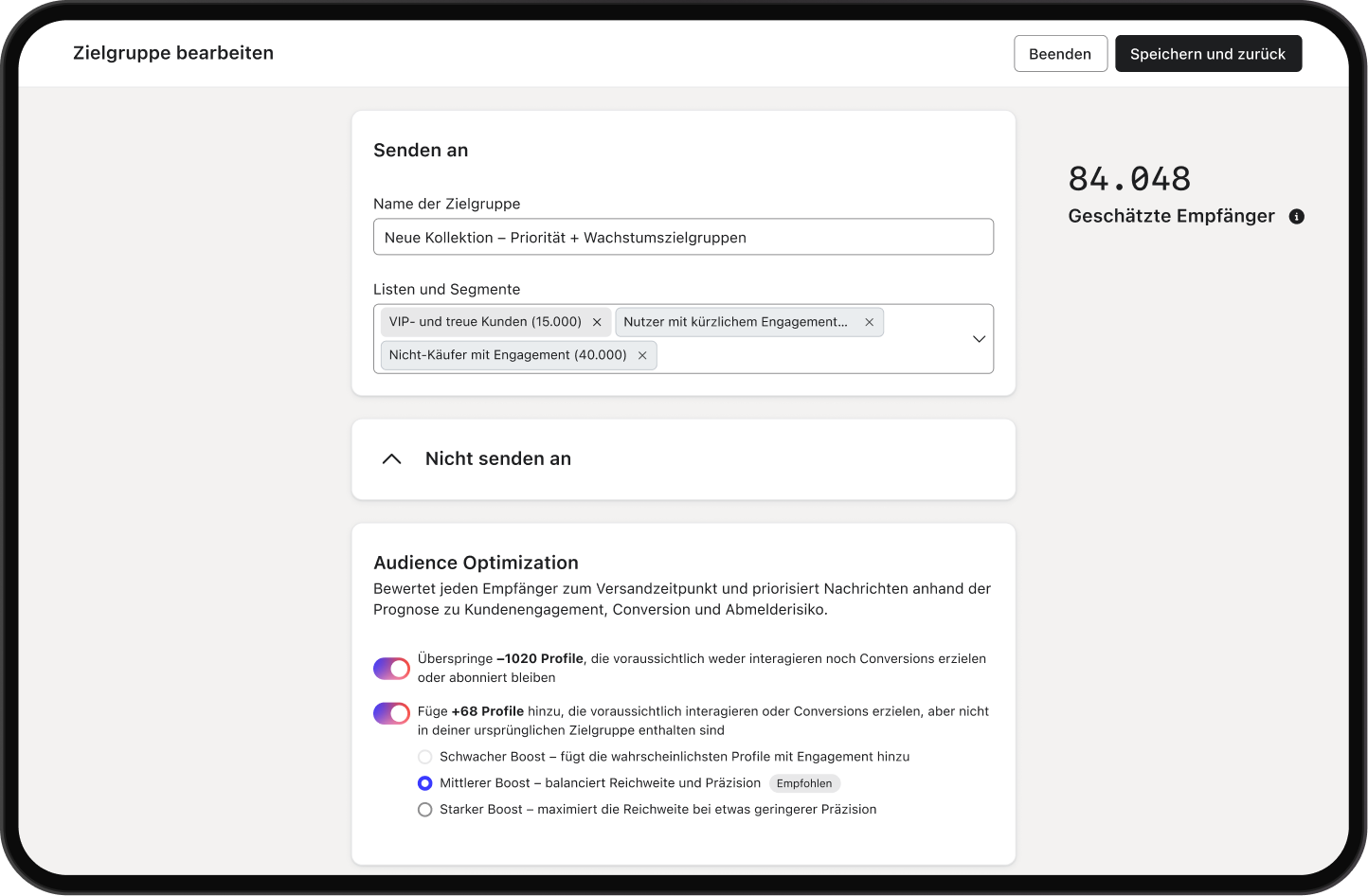 Audience editor showing selected customer segments, 84,048 estimated recipients, and optimization settings.