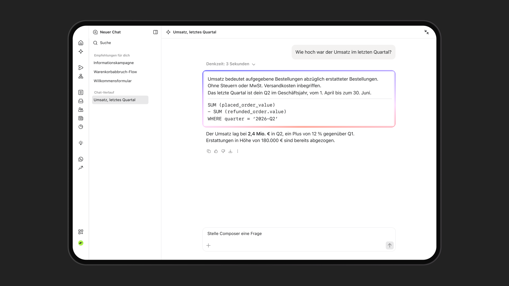 A tablet screen displaying a German AI chat answering a question about "last quarter's turnover" with a SQL-like query and financial figures.