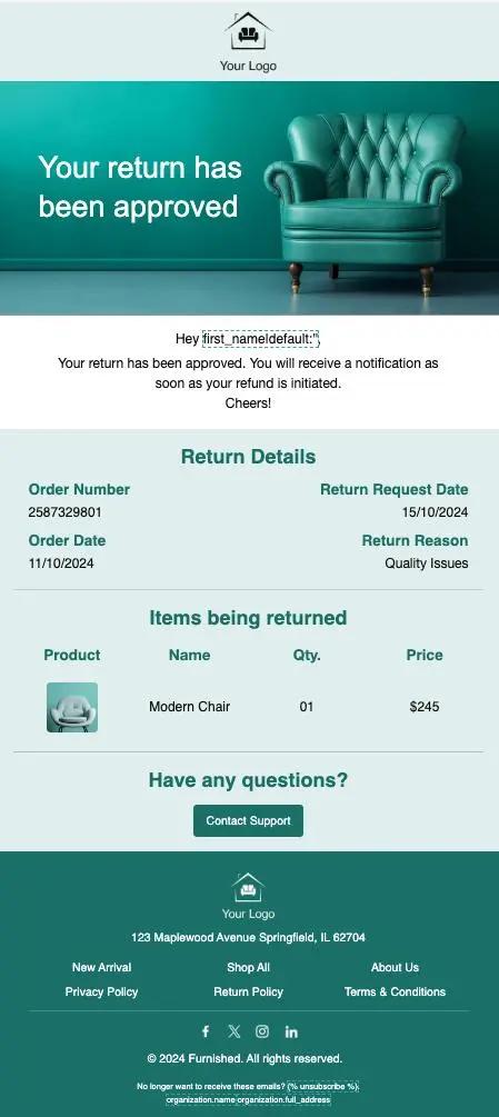 Bestätigungsmail-Vorlage für eine Rücksendung mit Details zur Bestellung, Rücksendung und Kontaktinformationen.