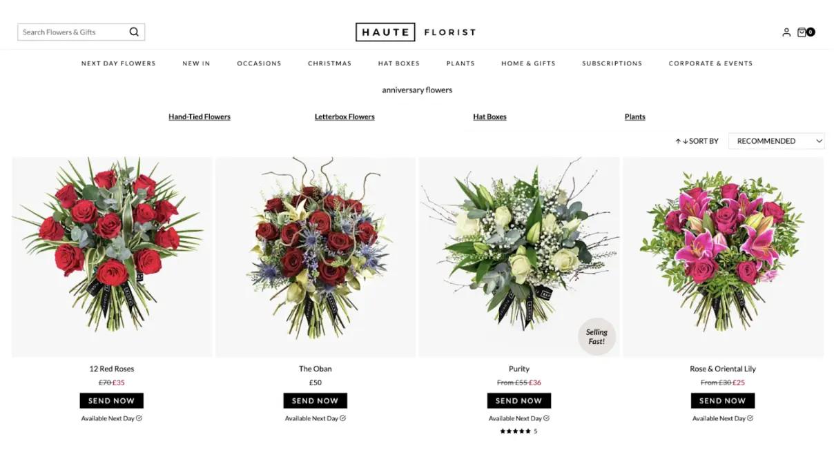 Online flower shop page featuring four bouquets: 12 Red Roses, The Oban, Purity, and Rose & Oriental Lily, with prices and purchase options.