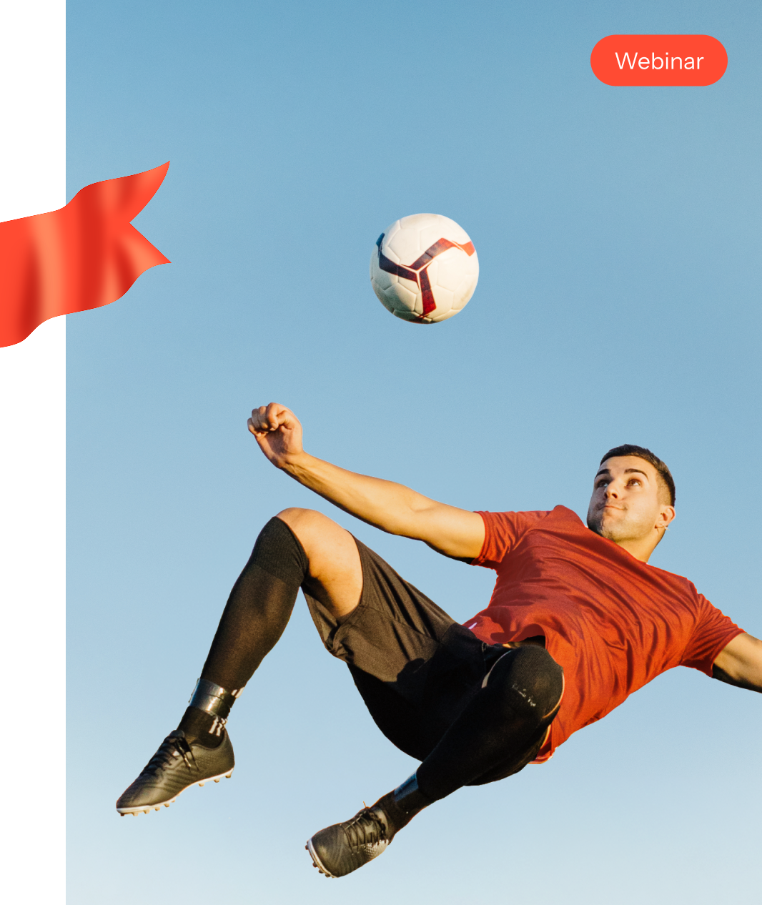 A soccer player performs an acrobatic mid-air kick with a ball against a blue sky, featuring a red banner and a 'Webinar' button.