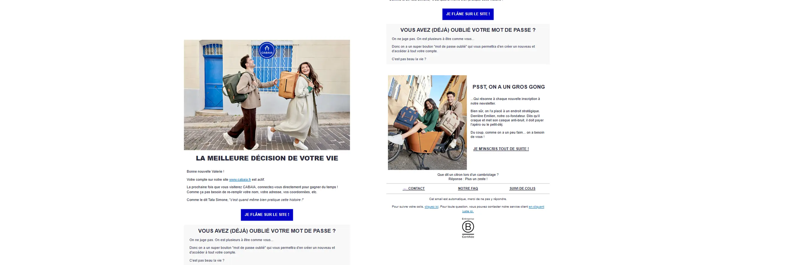 E-mail de bienvenue de Cabaïa avec un ton humoristique et chaleureux, comprenant une confirmation d’activation de compte, des appels à l’action vers le site, une relance mot de passe et un teaser sur l’inscription à la newsletter, illustré par des photos lifestyle de la marque.