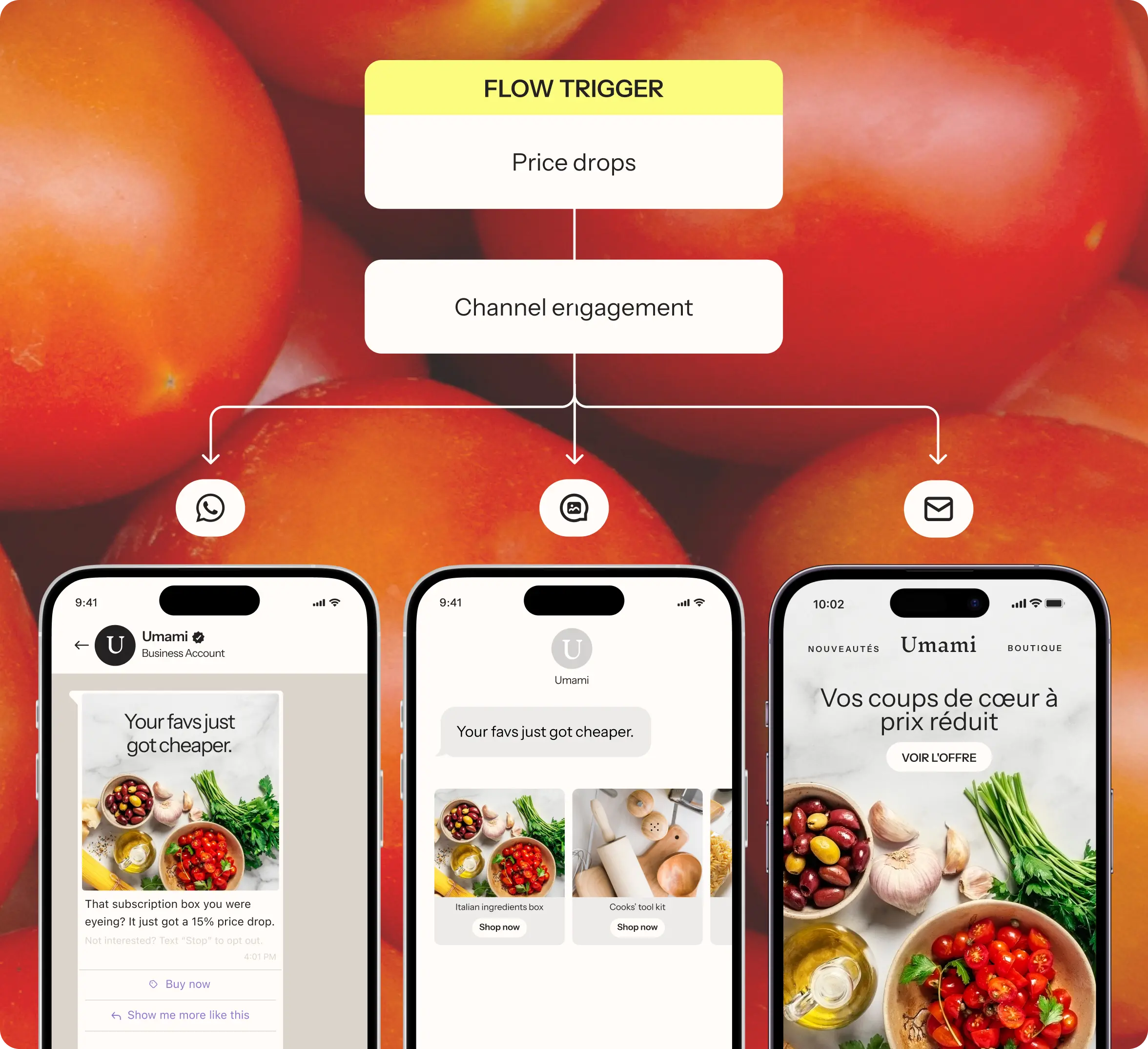 Three smartphones display messages from "Umami" about price drops on subscription boxes. Background features tomatoes.