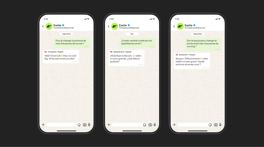 Three smartphone screens display an AI assistant chatting in English, Spanish, and French about changing shoe sizes.