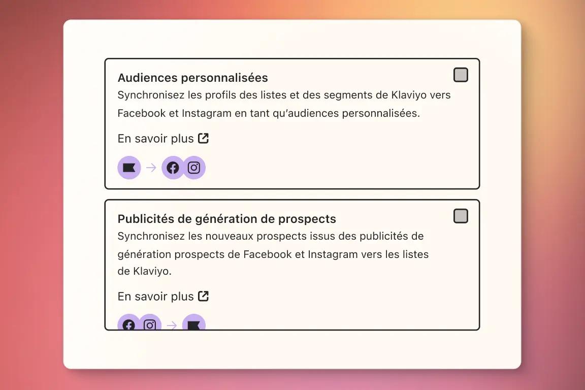 Options de synchronisation Klaviyo pour audiences personnalisées et publicités de génération de prospects avec Facebook et Instagram.