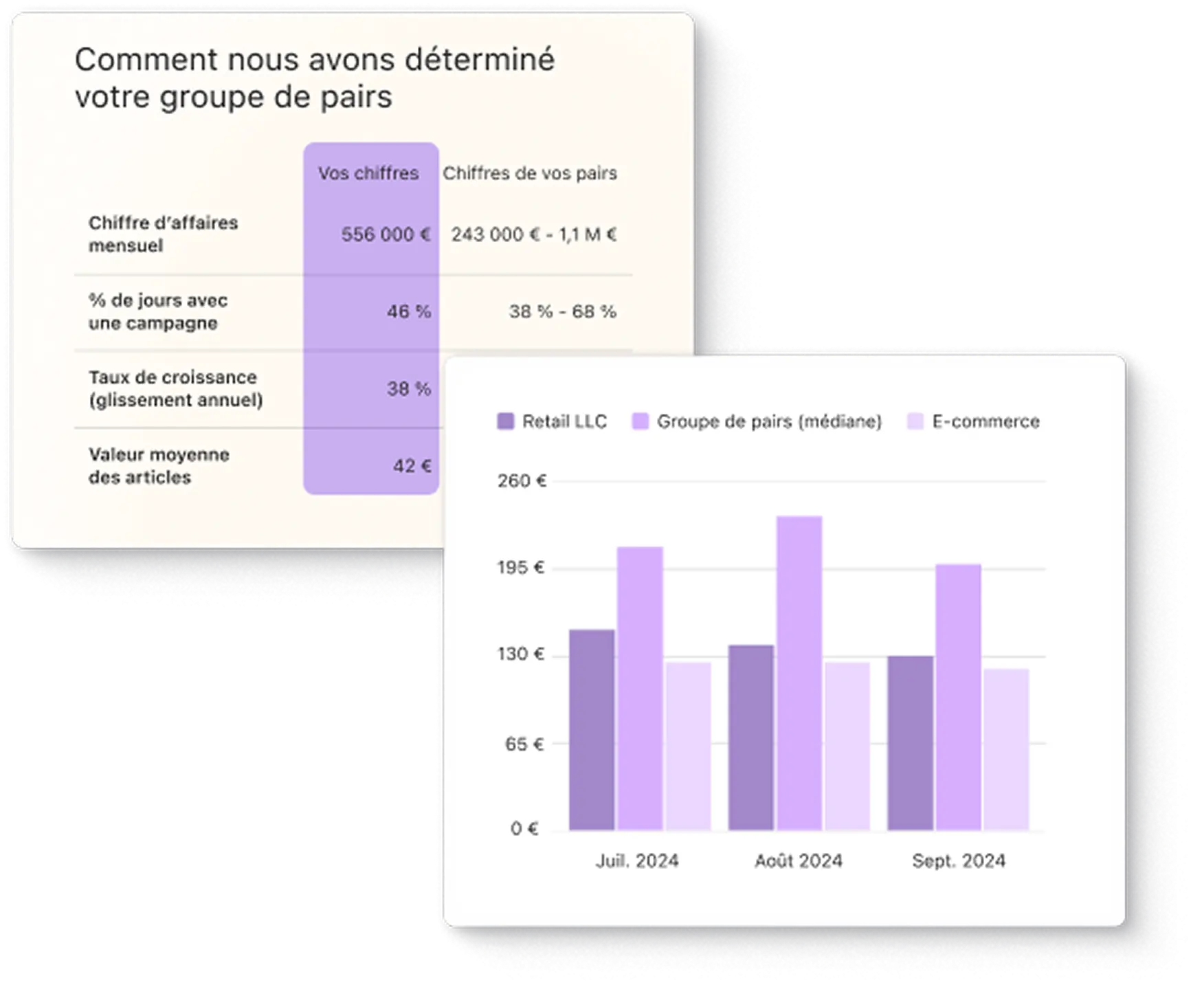 Tableau comparatif des chiffres d'affaires et graphique à barres des performances de Retail LLC, groupe de pairs et e-commerce.