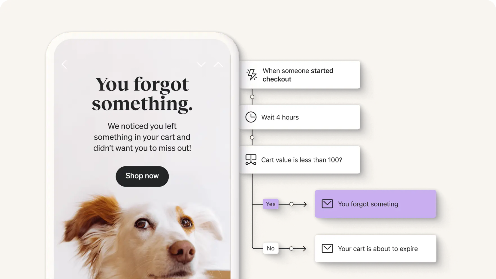 E-mail de panier abandonné d’une marque pour animaux de compagnie indiquant aux visiteurs « Vous avez oublié quelque chose », avec à côté un flux de panier abandonné