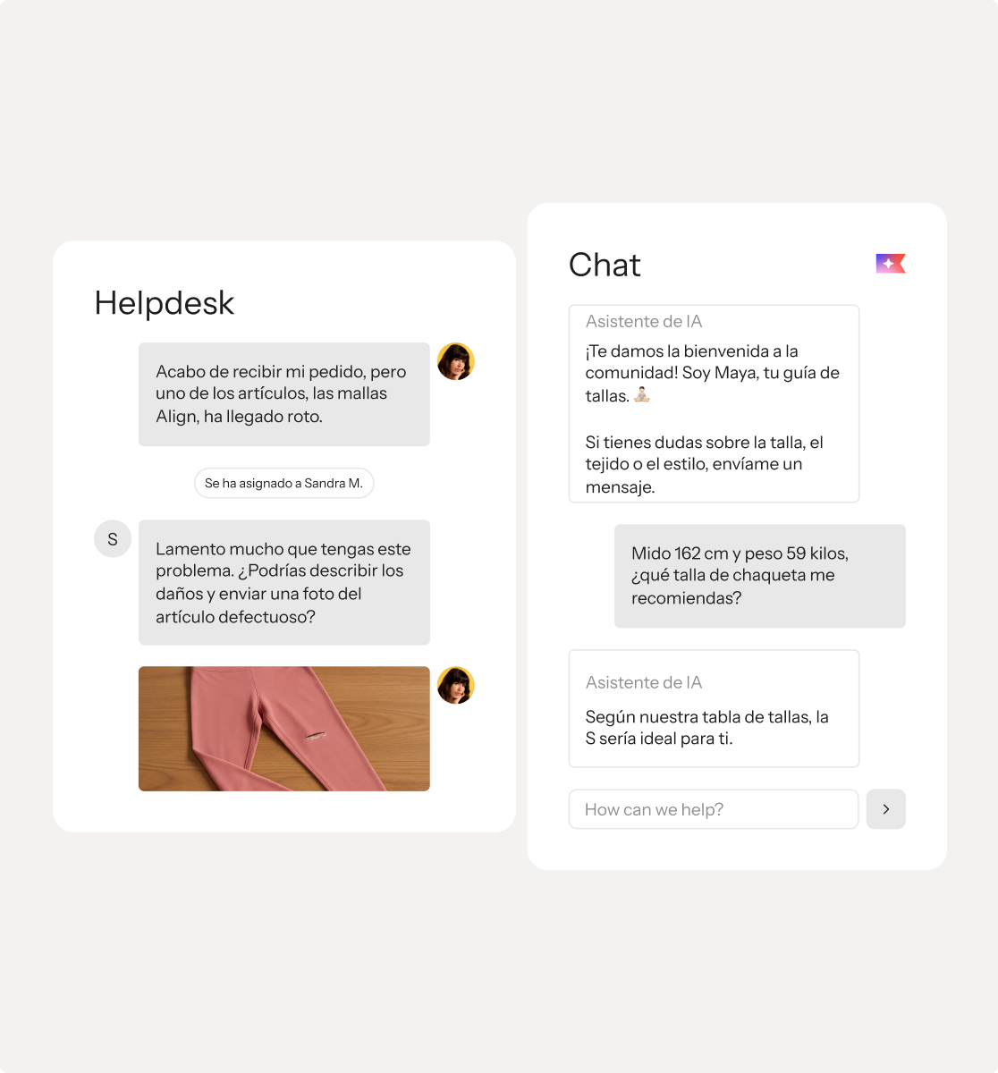 Two chat interfaces showing customer service interactions: a helpdesk chat about a broken item with an image of damaged pink leggings, and an AI chat providing a size recommendation.