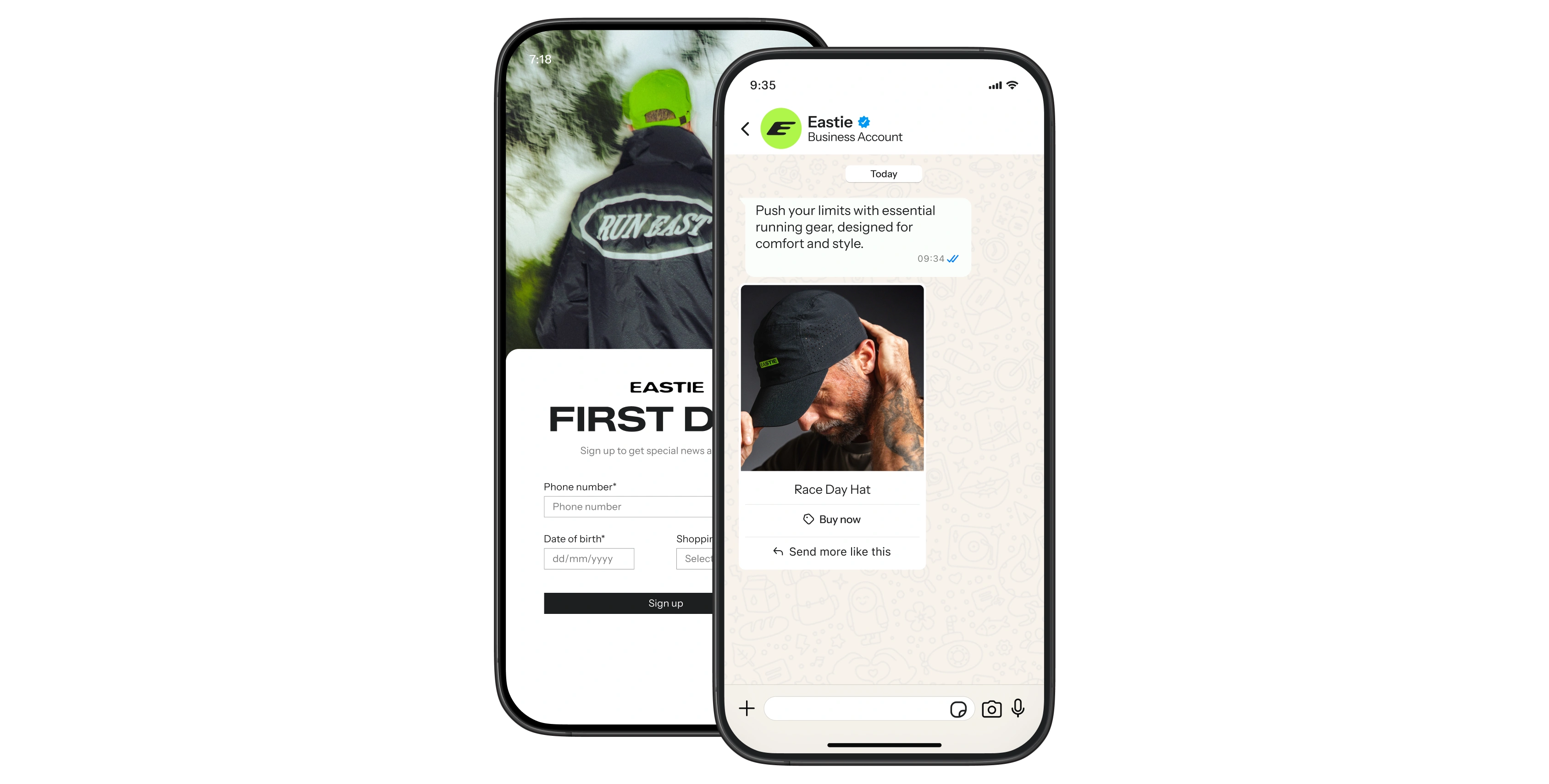 Two smartphones display an Eastie sign-up page and a WhatsApp Business chat featuring a Race Day Hat.