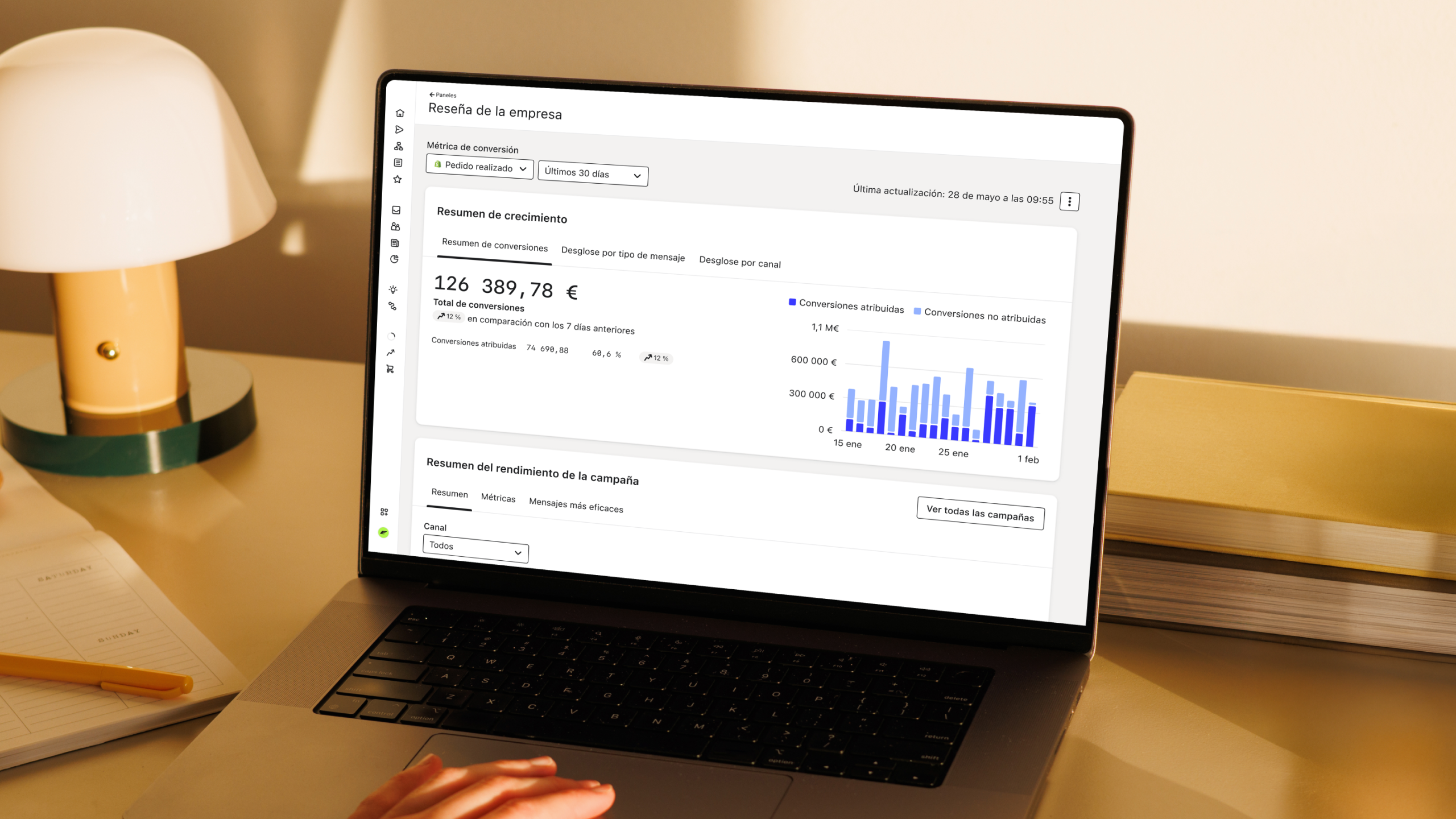 Portátil que muestra un panel de reseñas de negocio con métricas de conversión y gráficos de barras en un escritorio con iluminación cálida.
