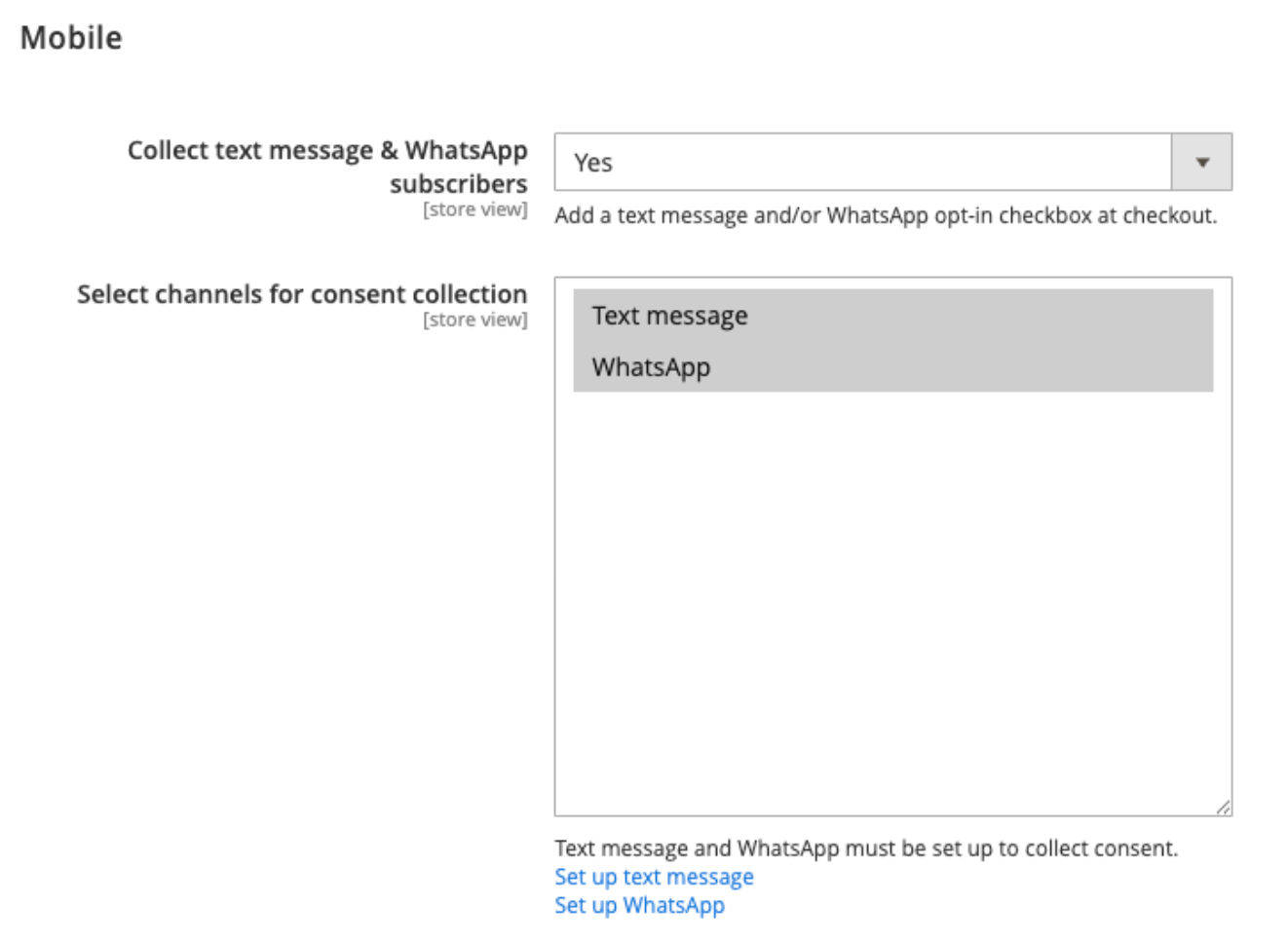 Mobile settings for collecting text message and WhatsApp subscriber consent, with both channels selected.
