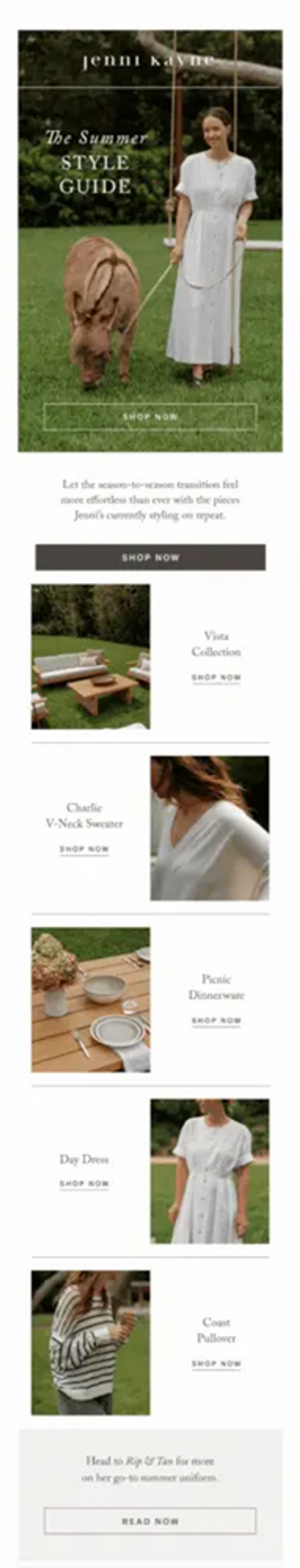 Image shows an email with a hero banner that features a light-skinned person wearing a white dress and holding a light-brown donkey on a leash. Underneath, five panels of minimal design feature sleek product shots of white patio furniture, a white sweater, white dinnerware, a white dress, and a black and white pullover.