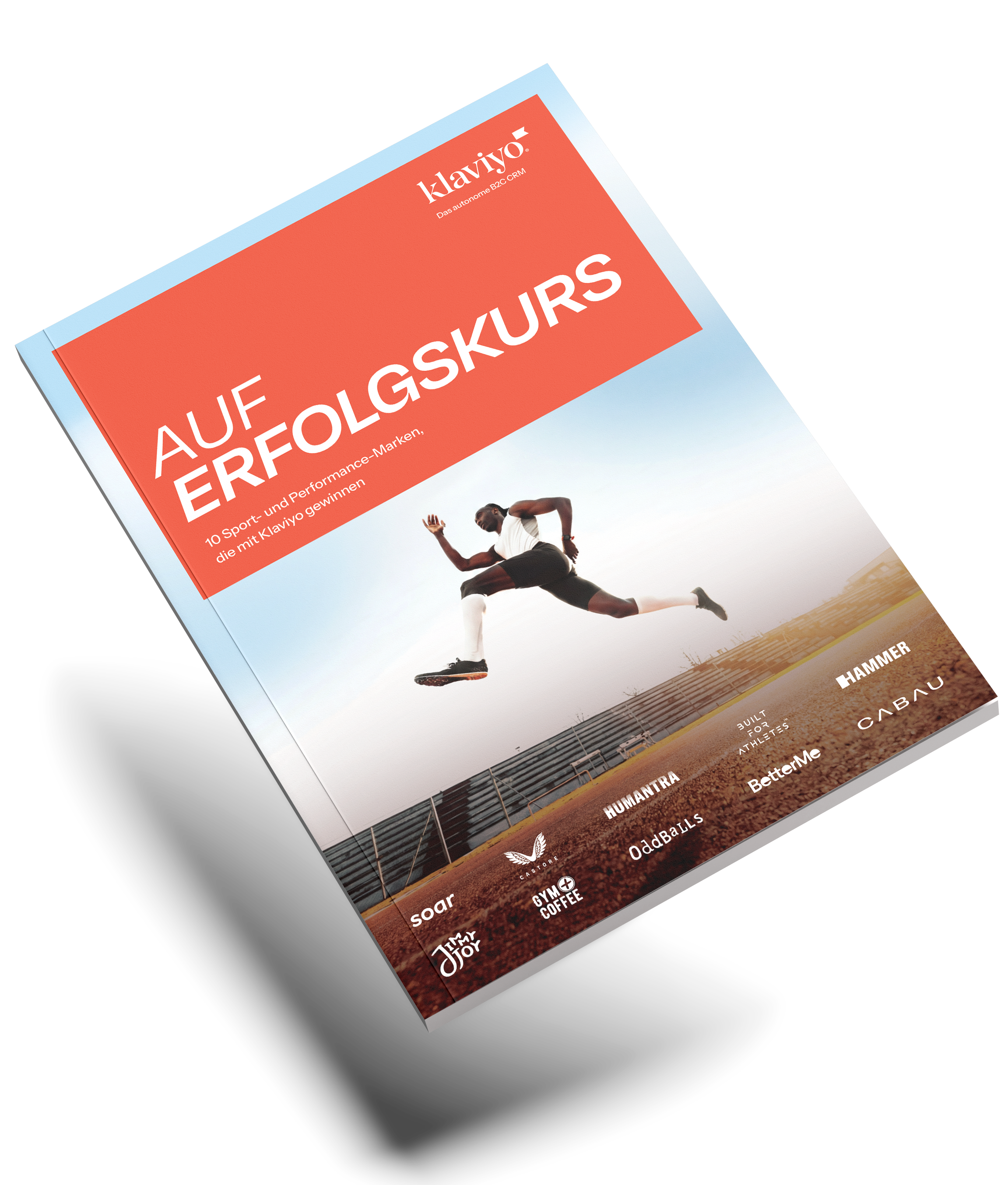 Klaviyo "Auf Erfolgskurs" brochure with a runner, highlighting 10 sport and performance brands.