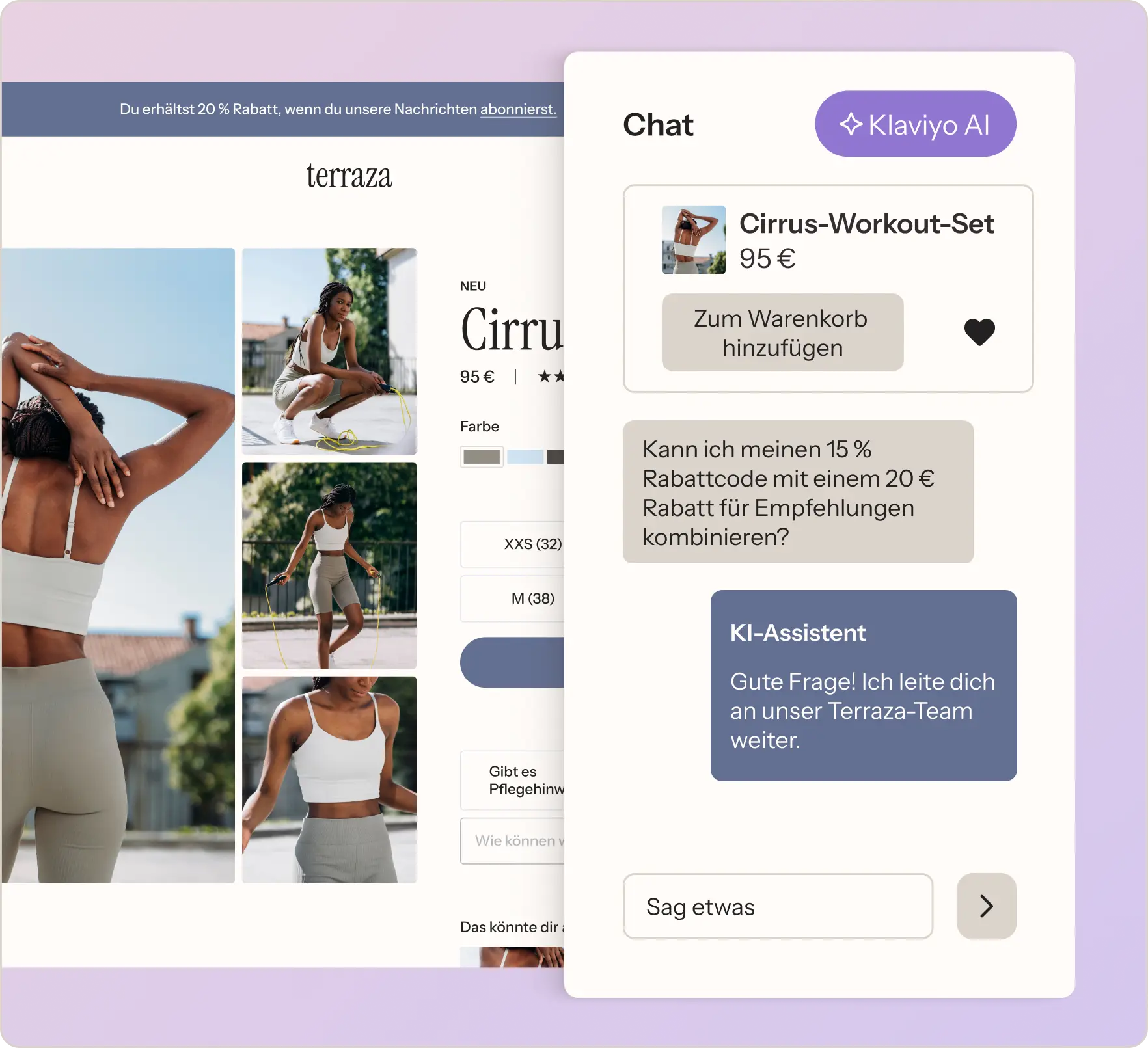 Online-Shop-Seite für ein Cirrus-Workout-Set mit Chat-Fenster, das eine Frage zu Rabattkombinationen zeigt.