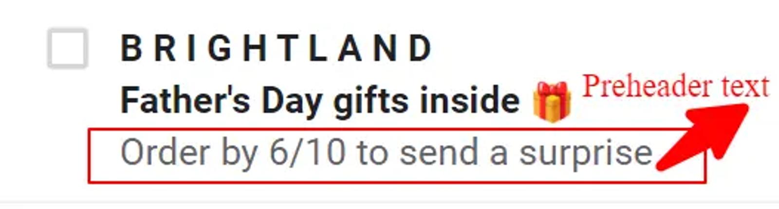 red box around the pre-header text of brightland's email