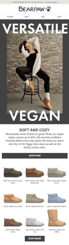 Image shows an email with a hero image of a person sitting on a stool running their hands through their hair. But the image is cut at the chest to show that the cream sweater the person is wearing is versatile in fit when the person has one of their arms down. The following panels show a 3-by-3 square of boots of various colors and sizes.