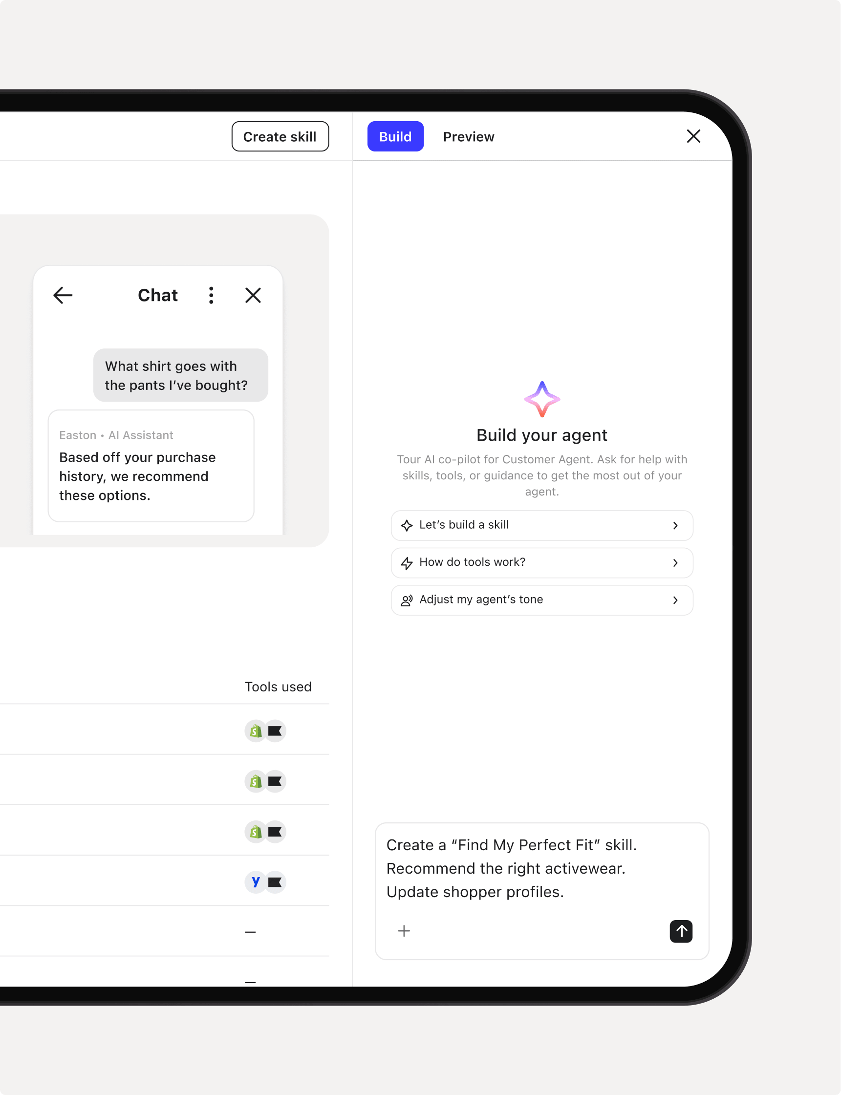 A tablet screen showing an AI co-pilot interface for building customer agents, with a chat preview where the AI recommends clothing, and tools for creating new skills.