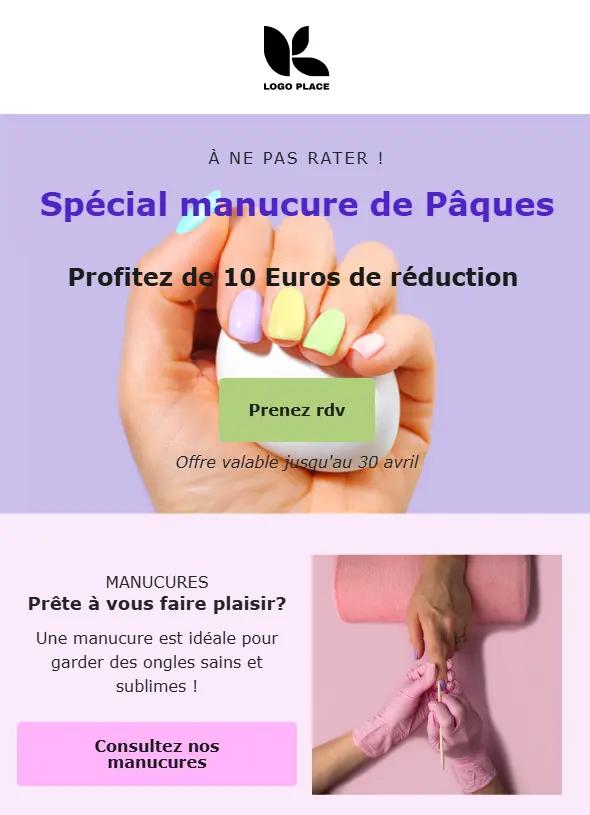 Promotion spéciale pour une manucure de Pâques, avec une main tenant un œuf et des ongles colorés pastel. Texte annonçant une réduction de 10 euros et un bouton vert pour prendre rendez-vous.