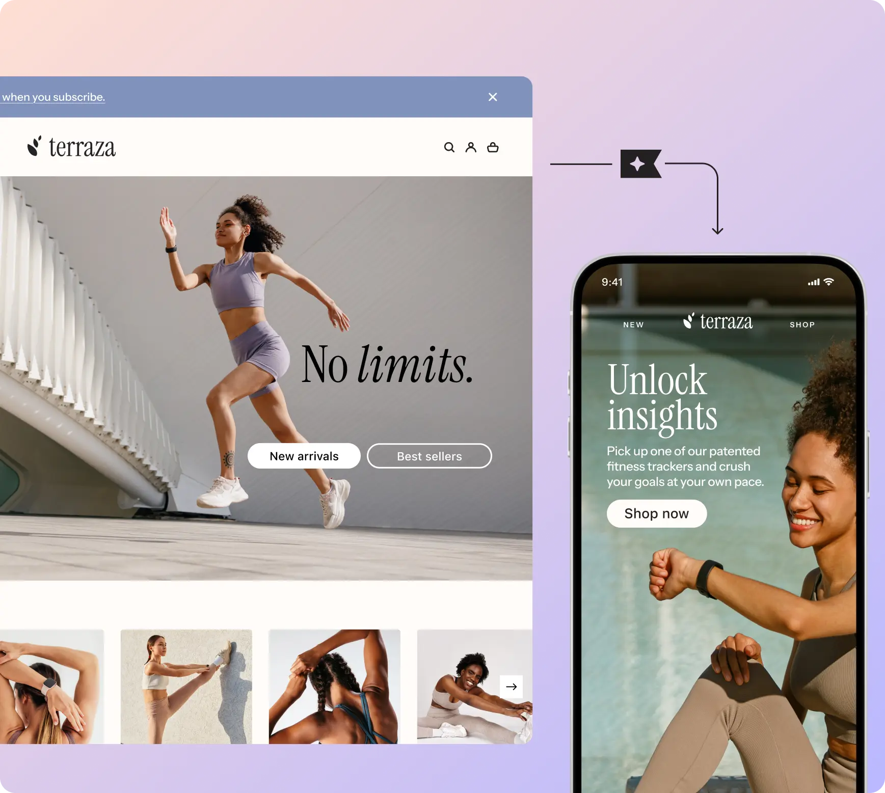 Webpage and mobile app for "Terraza" featuring fitness images. Text: "No limits." and "Unlock insights." Options: "New arrivals," "Best sellers," "Shop now.