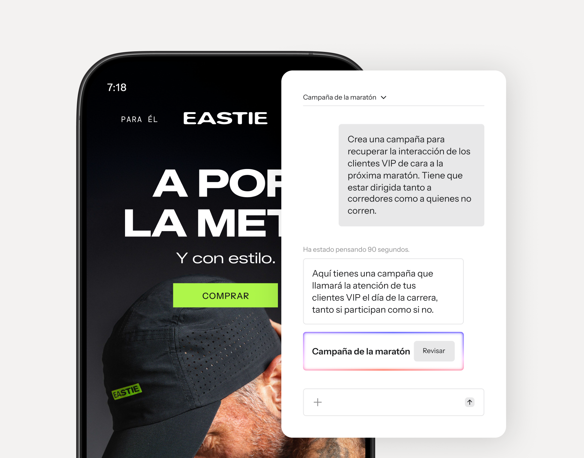 Smartphone displaying Eastie e-commerce, partially covered by an AI chat generating a marathon campaign description in Spanish.